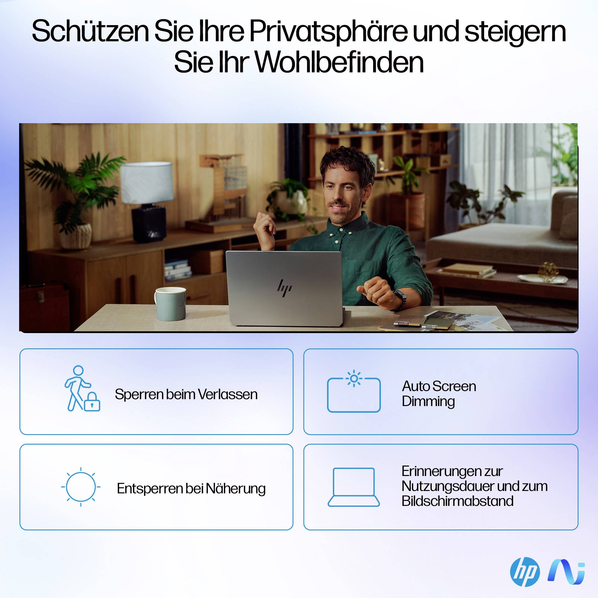 # HP Anzeige: Datenschutz und Komfort**Mann nutzt Laptop – HP bewirbt Datenschutz- und Komfortfunktionen****Funktionen:**- Sperren beim Verlassen- Automatische Bildschirmhelligkeit- Entsperren bei Annäherung- Nutzungserinnerungen