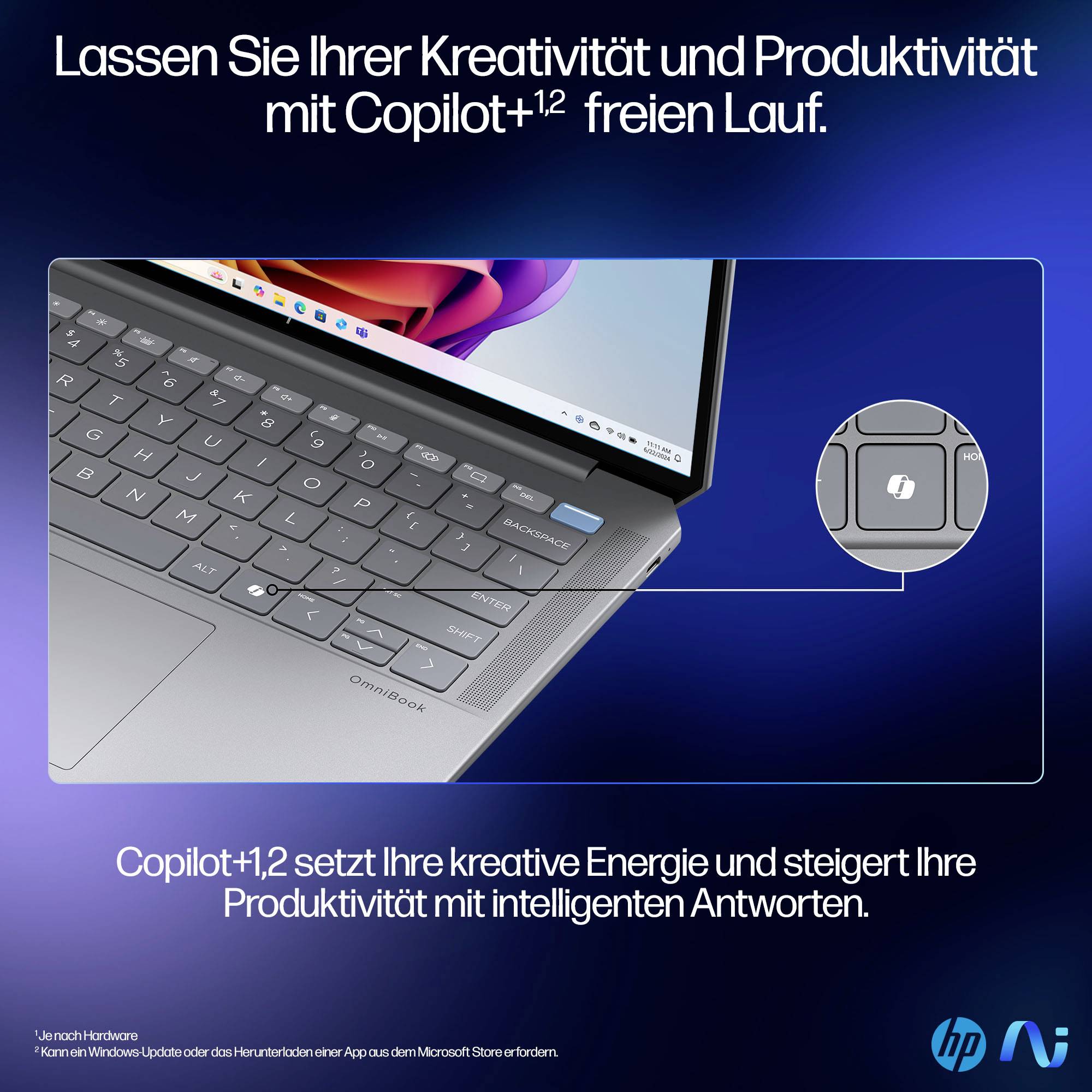 # HP Omnibook Laptop-Anzeige, die Copilot+ bewirbt; der deutsche Text besagt, dass es Kreativität und Produktivität entfesselt, mit einer Nahaufnahme der Tastatur und der Copilot-Taste.
