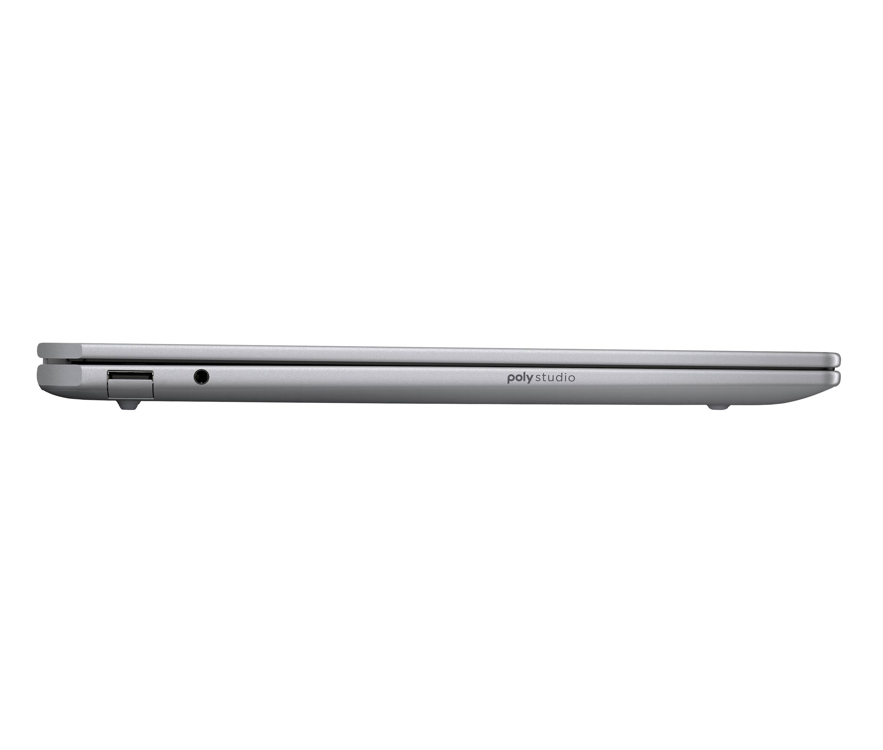 Seitenansicht eines geschlossenen silbernen HP Poly Studio Laptops, die das schlanke Profil und das Branding „Poly Studio" zeigt.