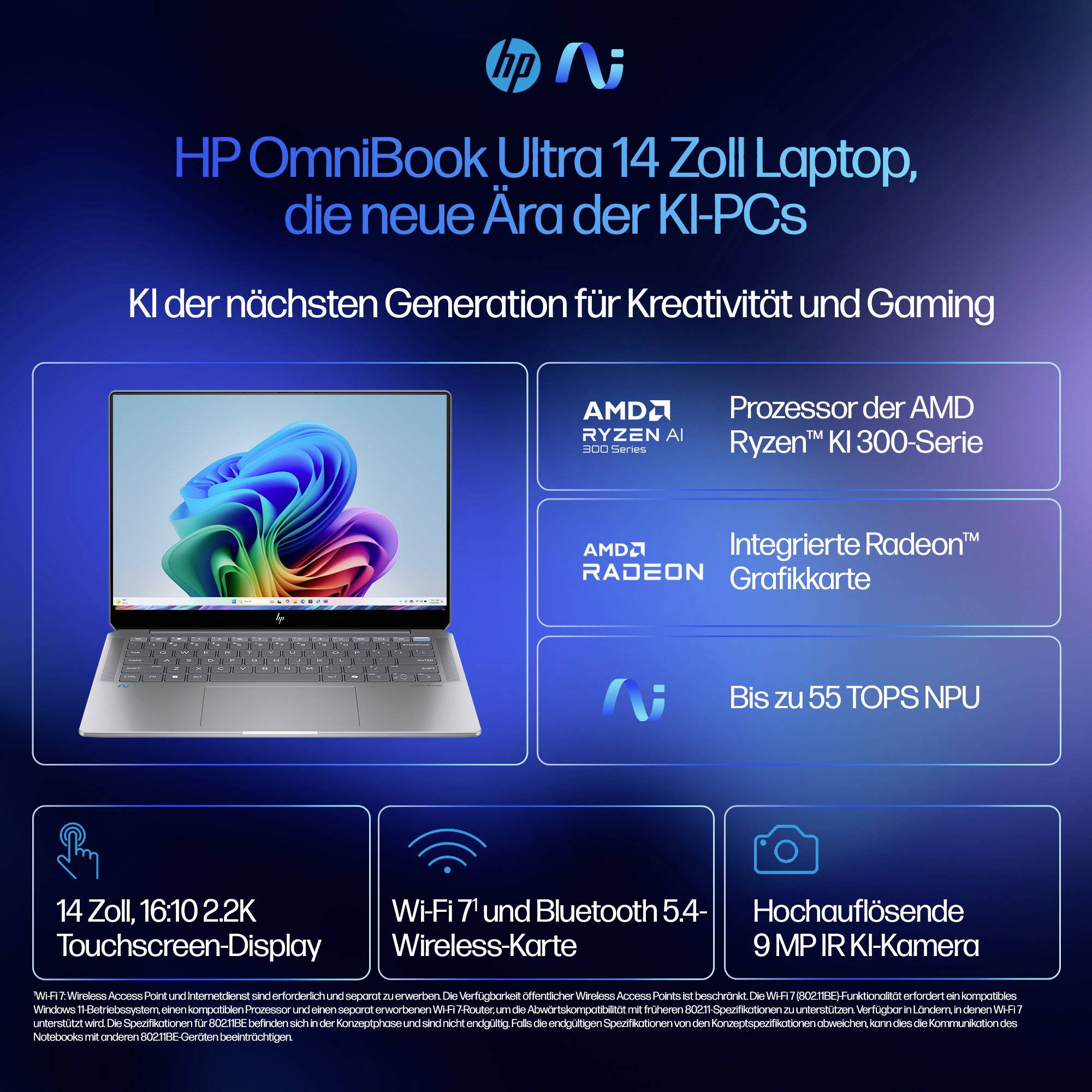 HP OmniBook Ultra 14-Zoll-Laptop-Anzeige mit Hervorhebung von AI-PC-Funktionen: AMD Ryzen AI 300, integrierte Radeon-Grafik, bis zu 55 TOPS NPU, 14-Zoll-2,2K-Touchscreen, Wi-Fi 7/Bluetooth 5.4 und 9-MP-IR-Kamera.