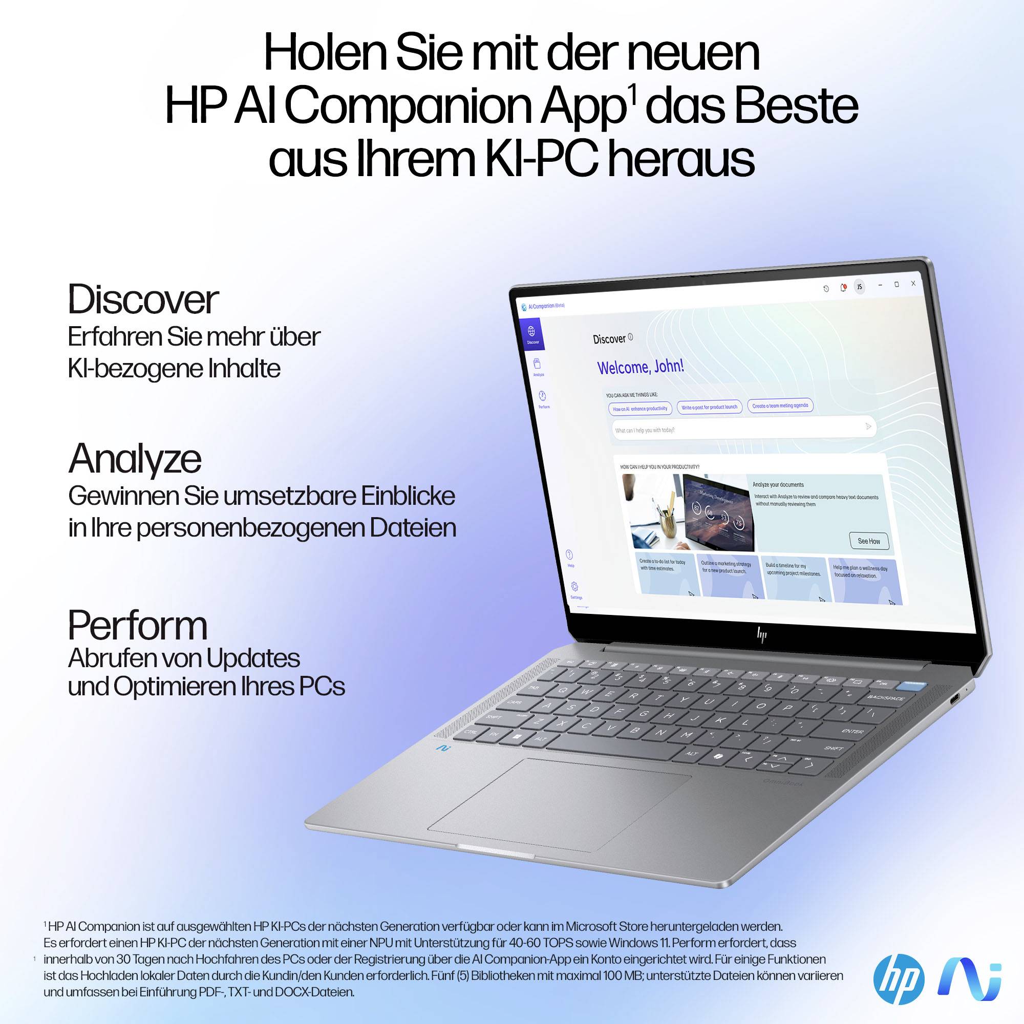 HP AI Companion App-Anzeige mit einem Laptop und deutscher Überschrift: 'Erleben Sie das Beste Ihres AI PC' mit den Funktionen Entdecken, Analysieren und Leistung.