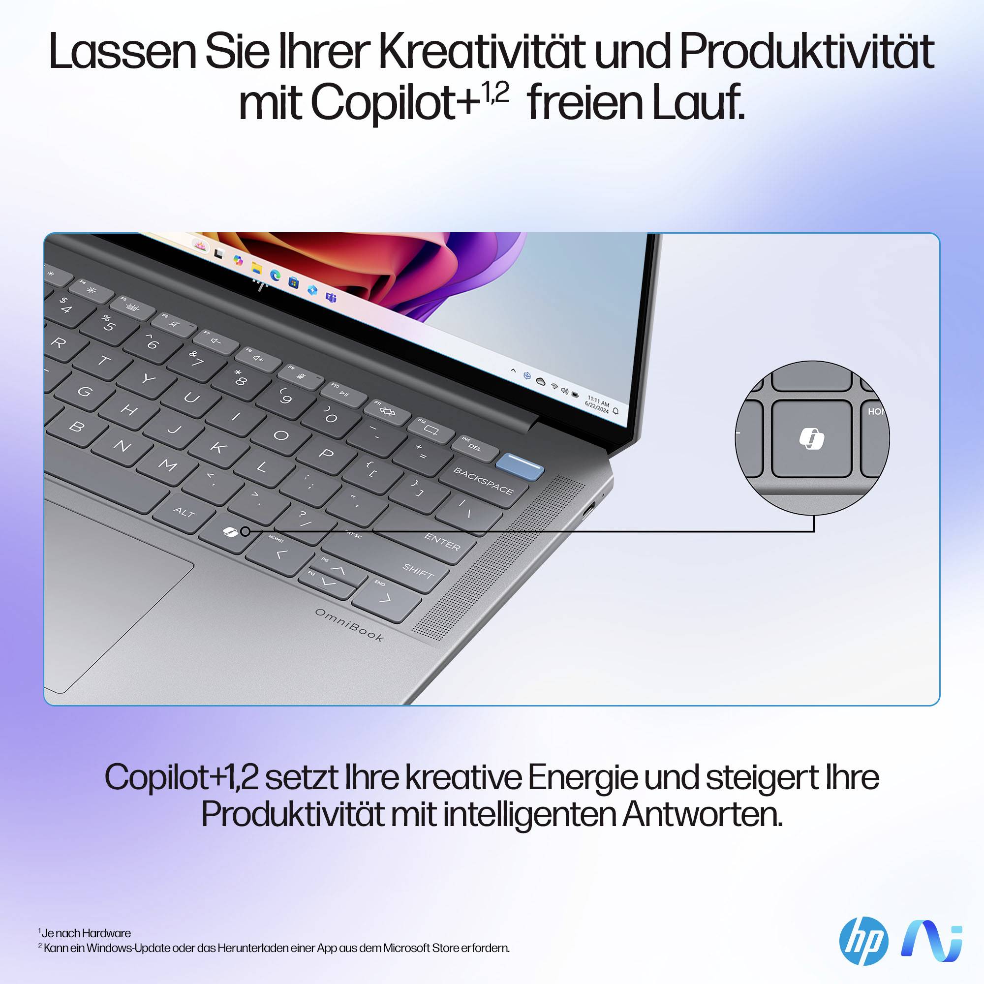 HP Laptop-Tastatur mit einer hervorgehobenen Copilot-Taste; deutscher Text bewirbt Copilot als Kreativität und Produktivität steigernde Lösung mit intelligenten Antworten.