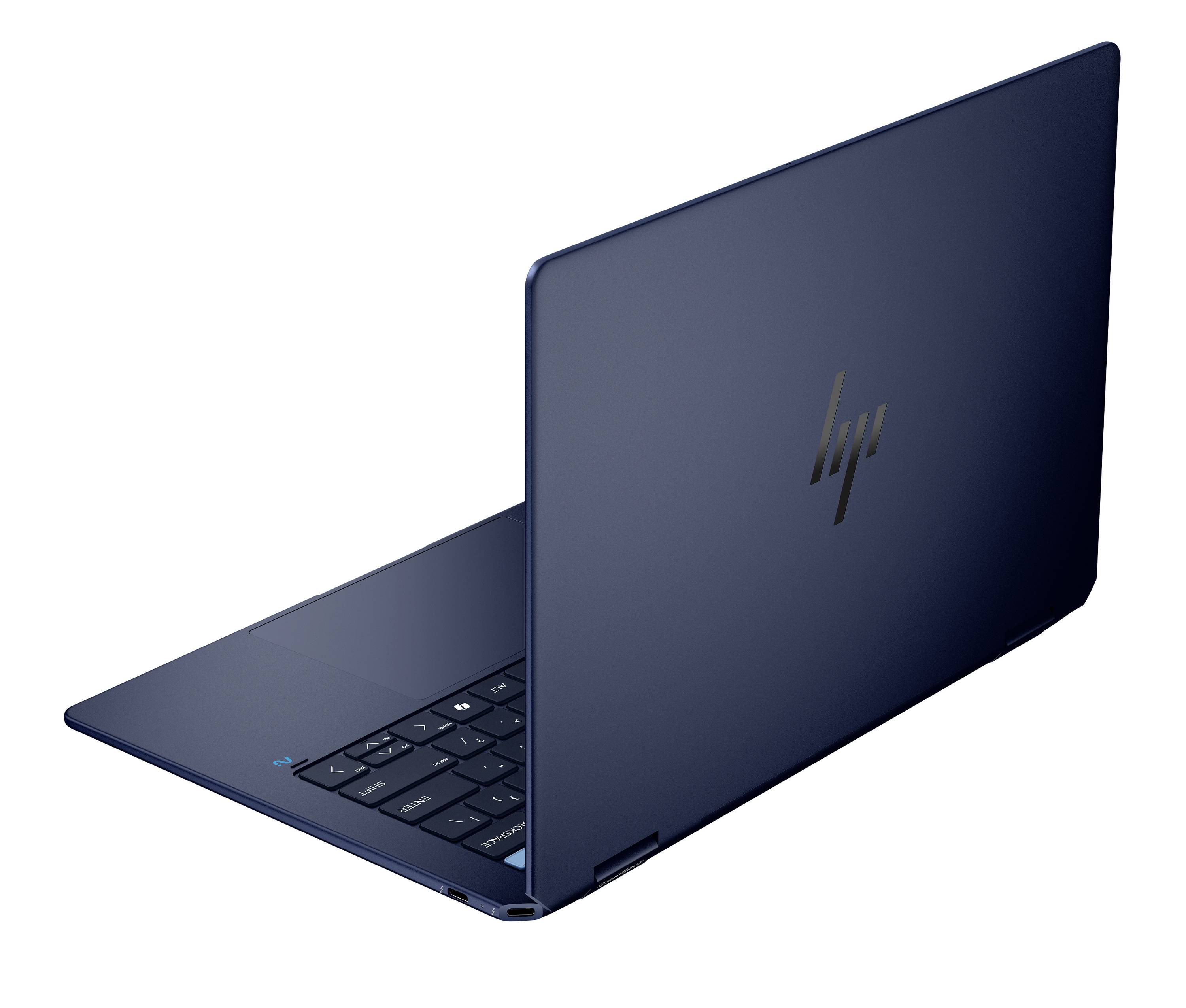 Offener dunkelblauer HP-Laptop in schräger Ansicht, mit teilweise sichtbarer Tastatur und geschlossenem Deckel über dem Bildschirm.