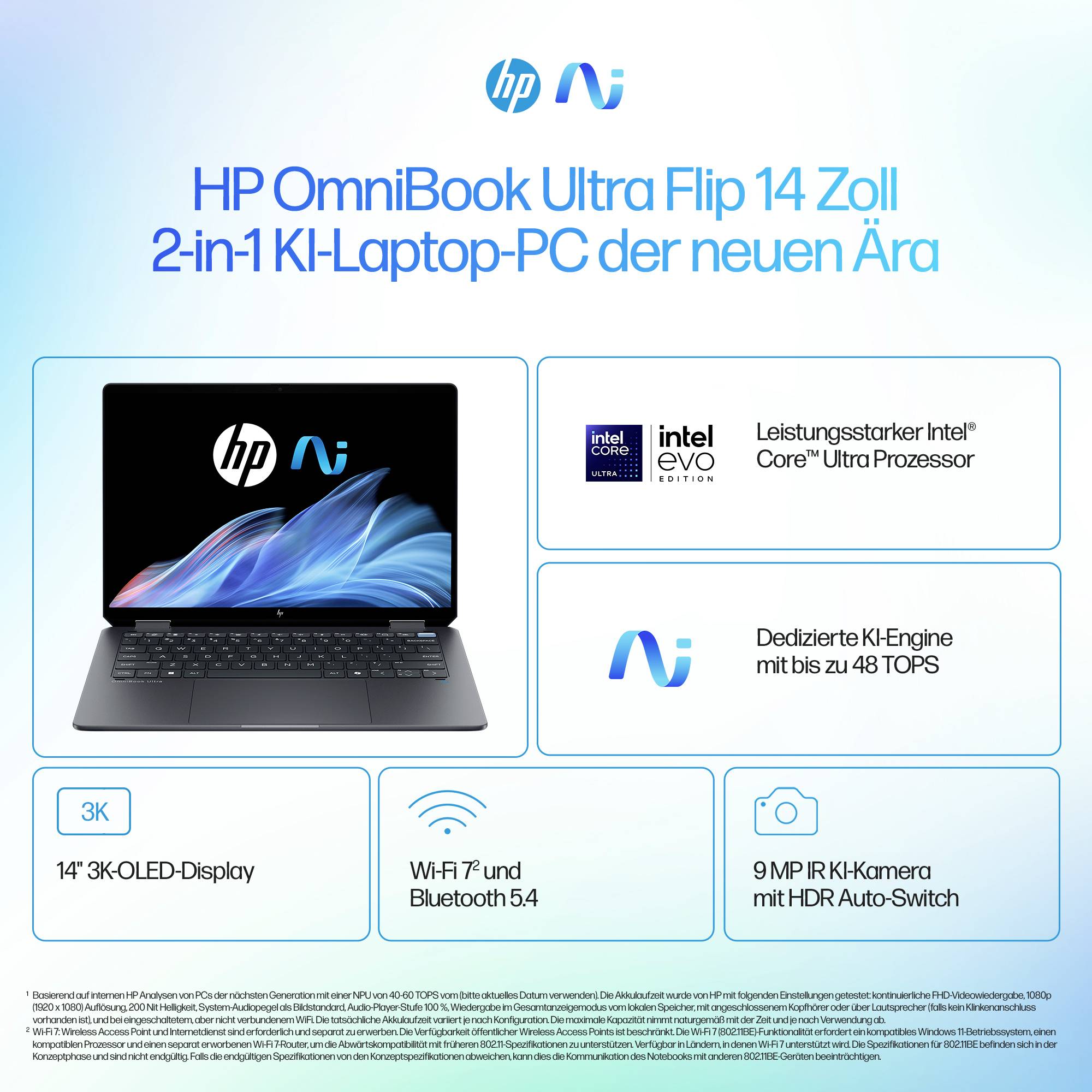 HP OmniBook Ultra Flip 14 Zoll 2-in-1 KI-Laptop-PC mit Intel Core Ultra, dedizierter KI-Engine bis 48 TOPS, 14-Zoll-3K-OLED, Wi-Fi 7, Bluetooth 5.4 und 9-MP-IR-Kamera bewor­ben.