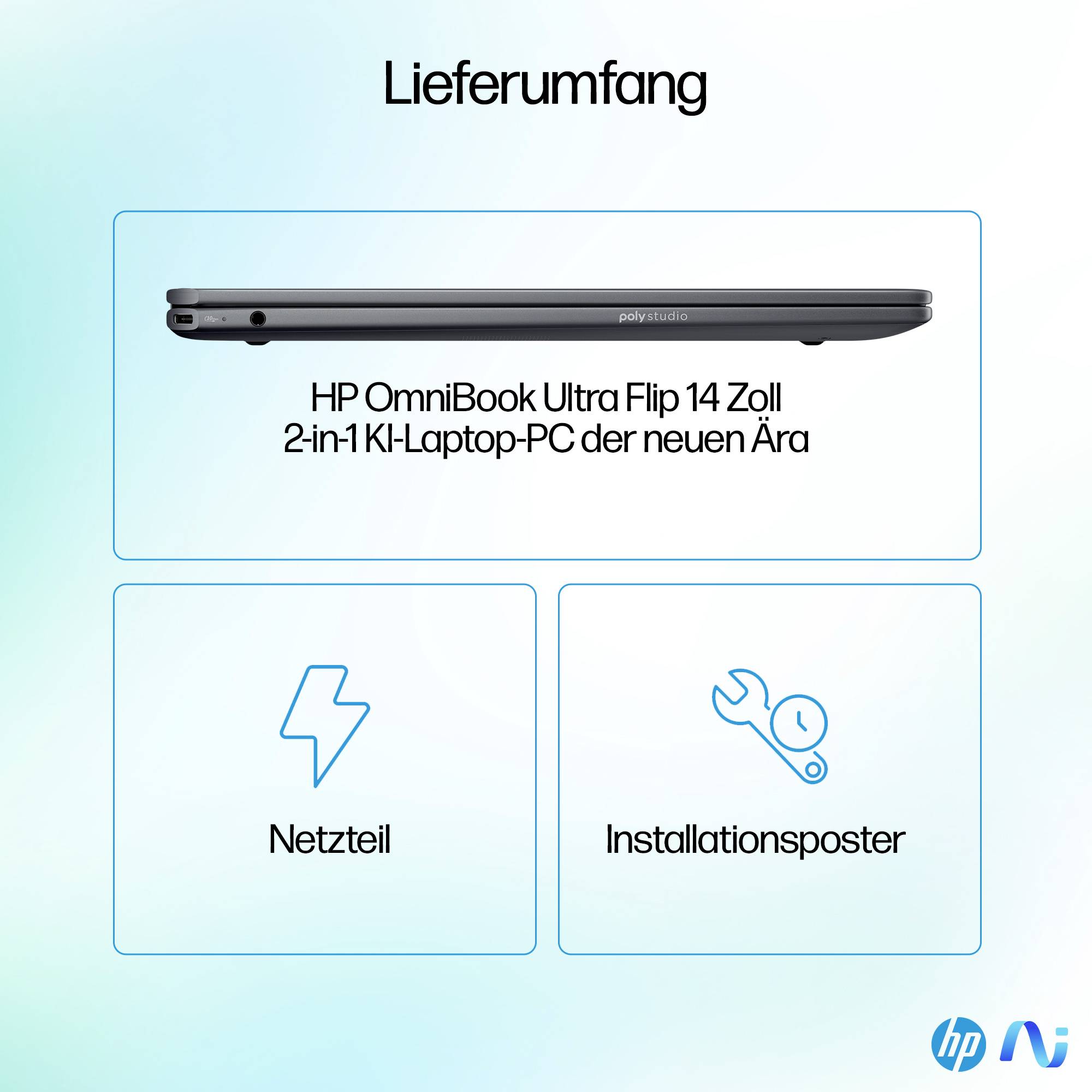 Grafik „Lieferumfang" zeigt HP OmniBook Ultra Flip 14 Laptop-PC, Netzteil und im Lieferumfang enthaltenes Installationsplakat.