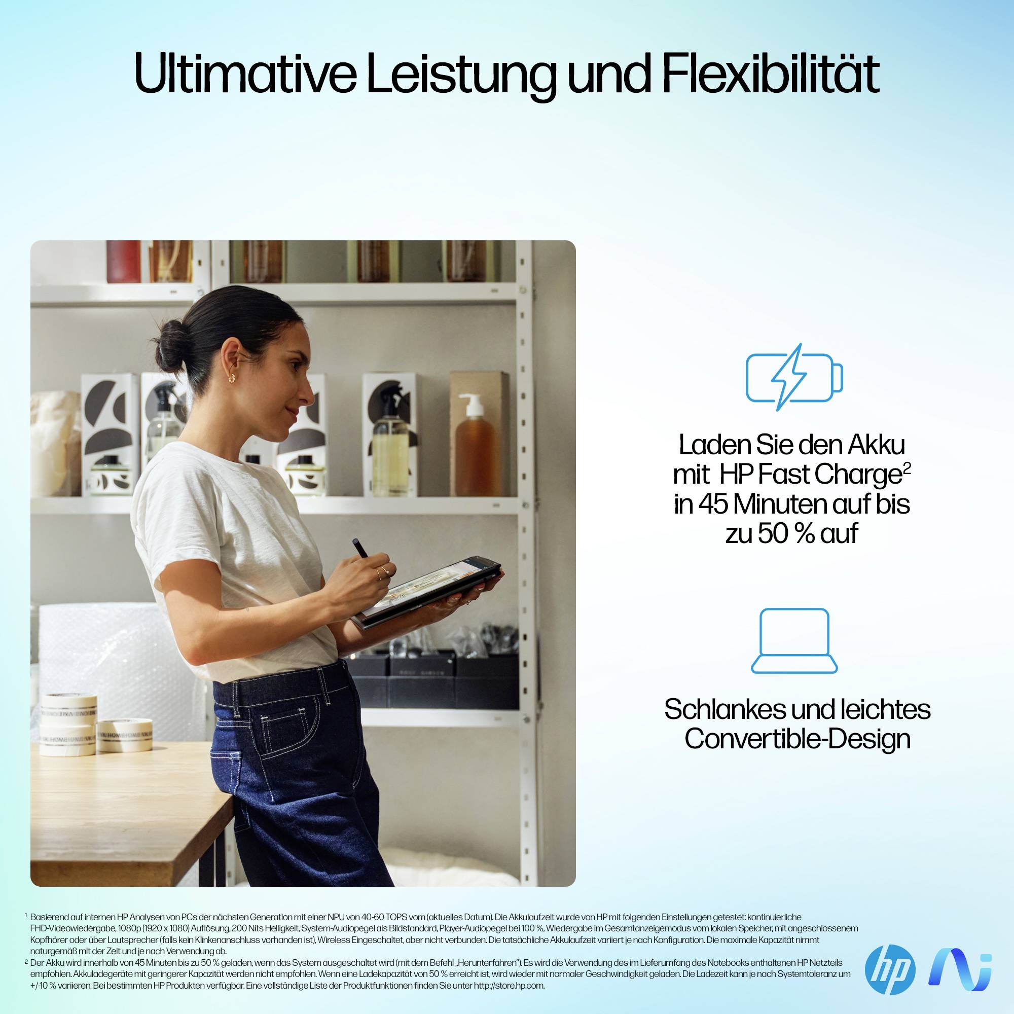 # HP Laptop-AnzeigeEine Frau nutzt ein schlankes Convertible-Gerät; der Text hebt "Ultimative Leistung und Flexibilität" hervor und schnelles Laden auf 50% in 45 Minuten.
