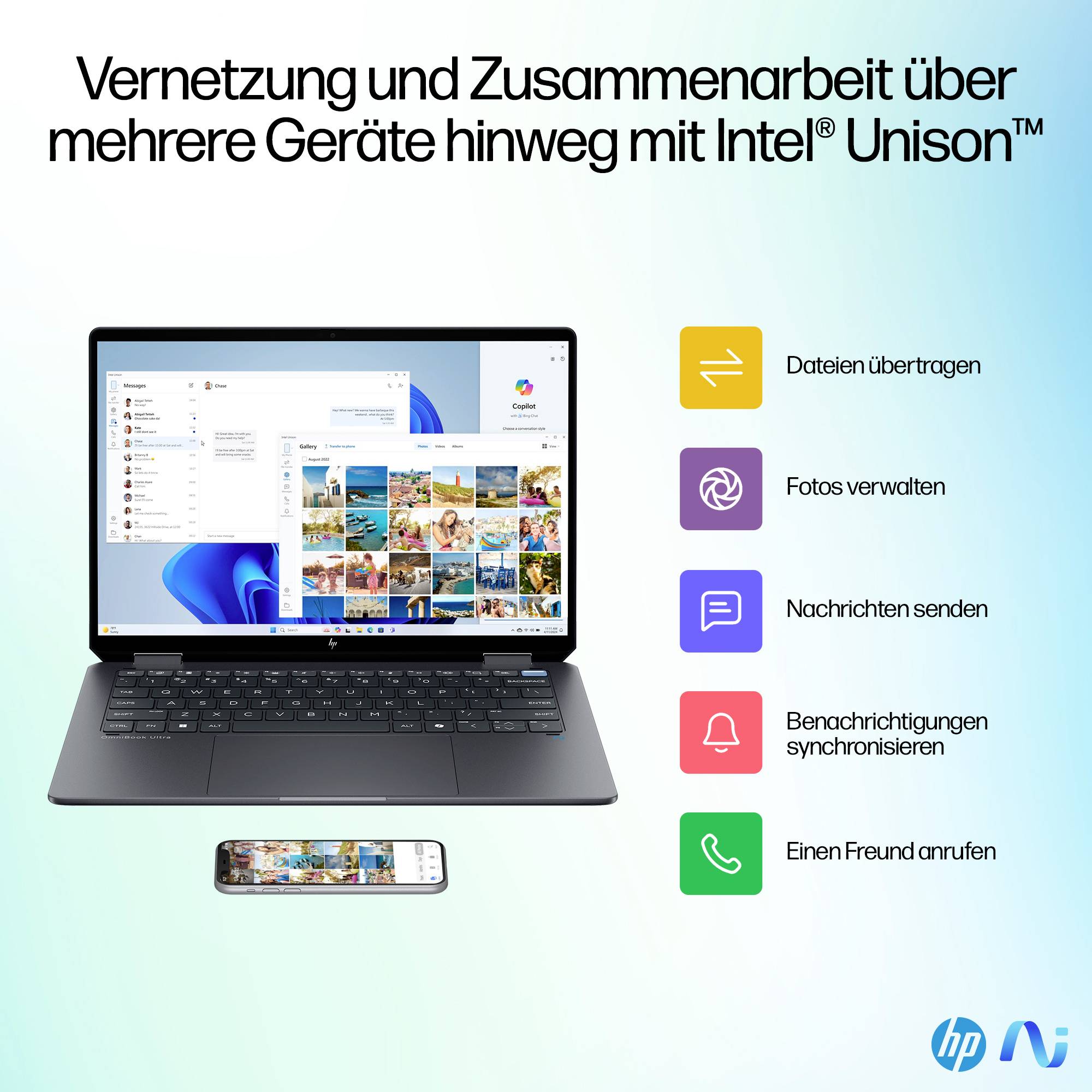 HP-Werbegrafik zeigt einen Laptop und ein Telefon, die durch Intel Unison für geräteübergreifende Synchronisierung verbunden sind: Dateien übertragen, Fotos verwalten, Nachrichten senden, Benachrichtigungen synchronisieren und Anrufe tätigen.
