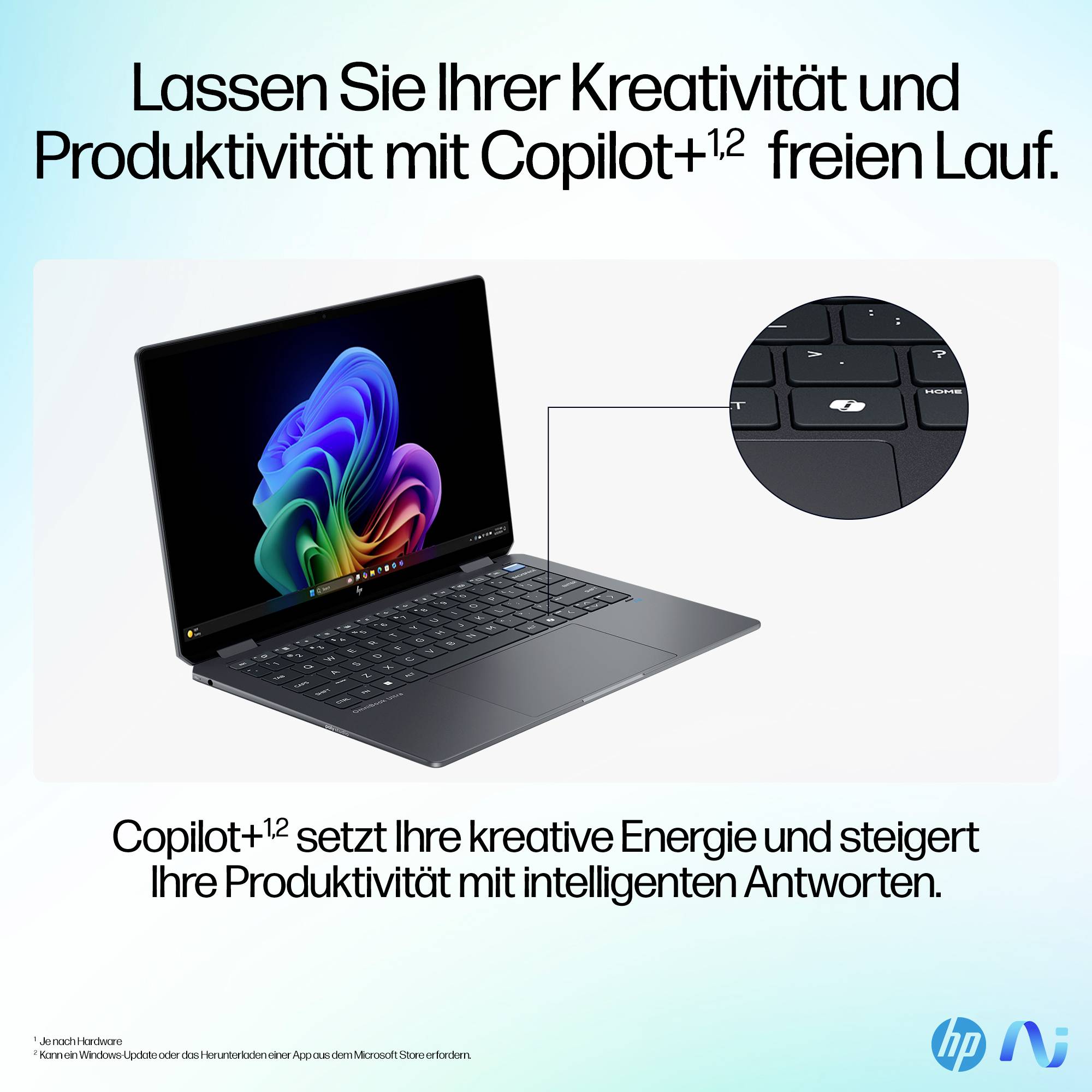# HP Laptop-Aktion mit Copilot+-Schaltfläche, zeigt einen schlanken Laptop und deutschen Text über die Steigerung von Kreativität und Produktivität mit intelligenten Antworten.