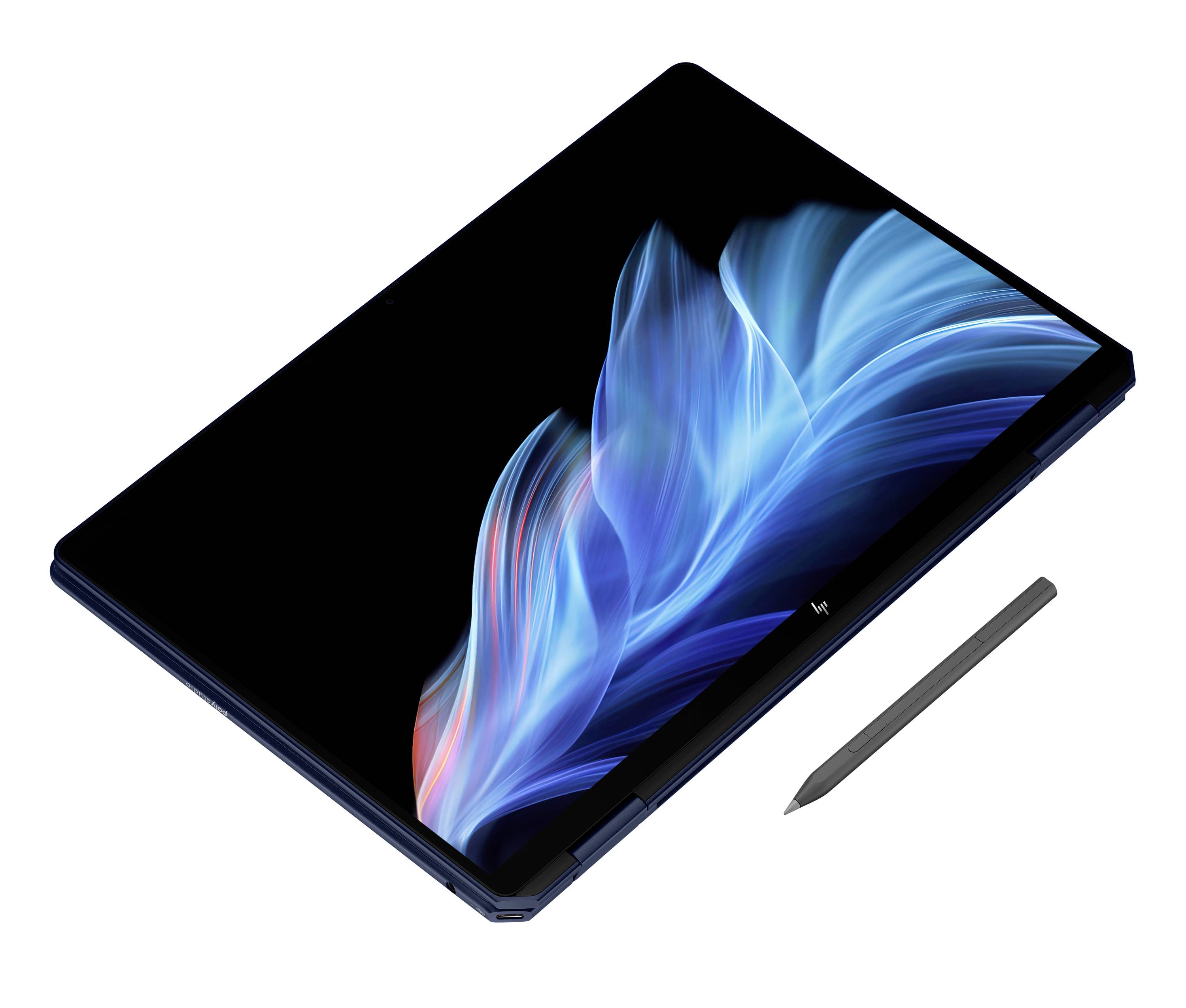 Ein teilweise aufgeklapptes faltbares Tablet oder Laptop, daneben ein Stift und ein blauabstrakter Bildschirmanzeige.