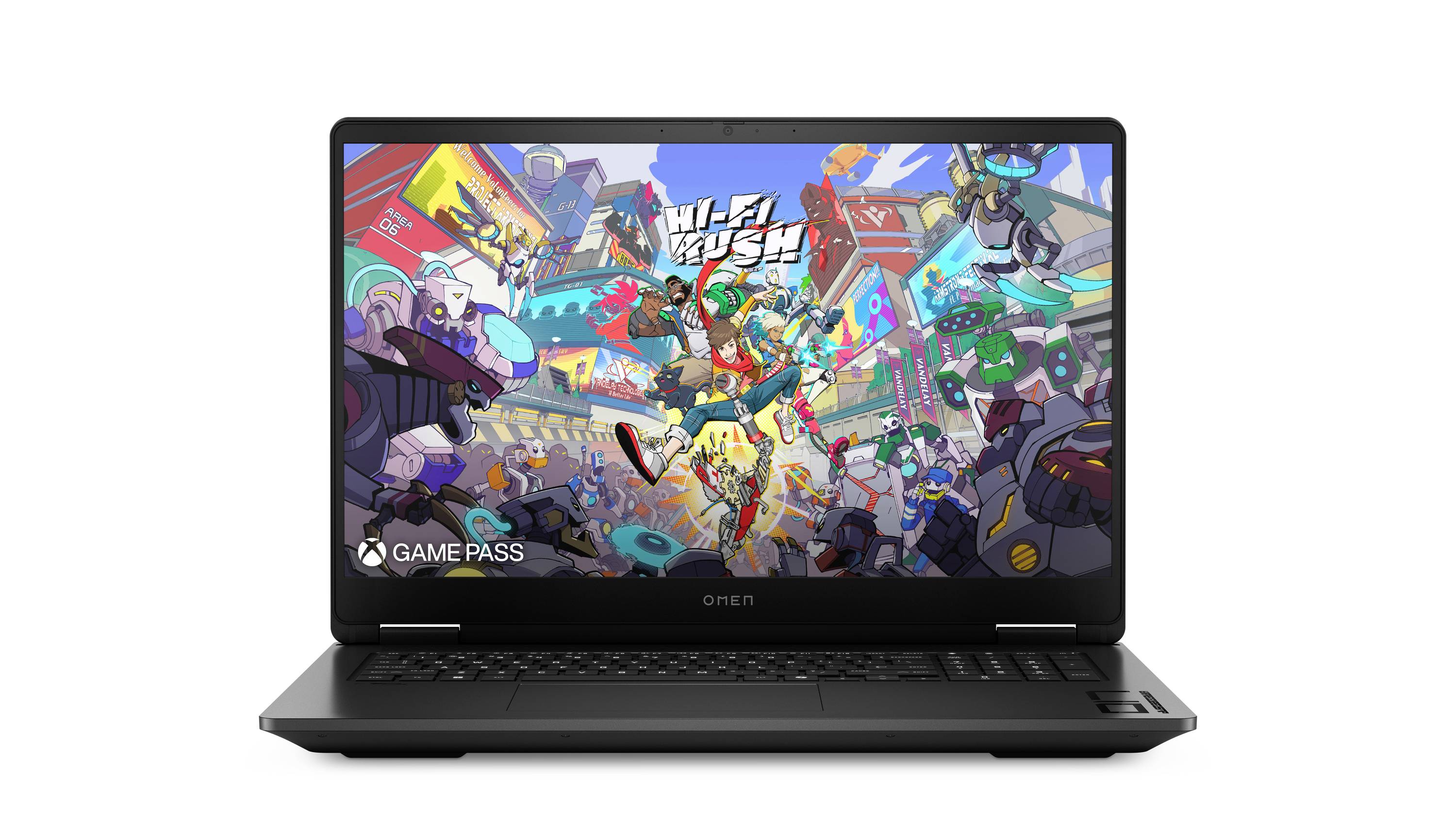 Laptop, das ein buntes Hi-Fi Rush-Spielpromo-Bild mit mehreren Action-Charakteren und dem „Game Pass
