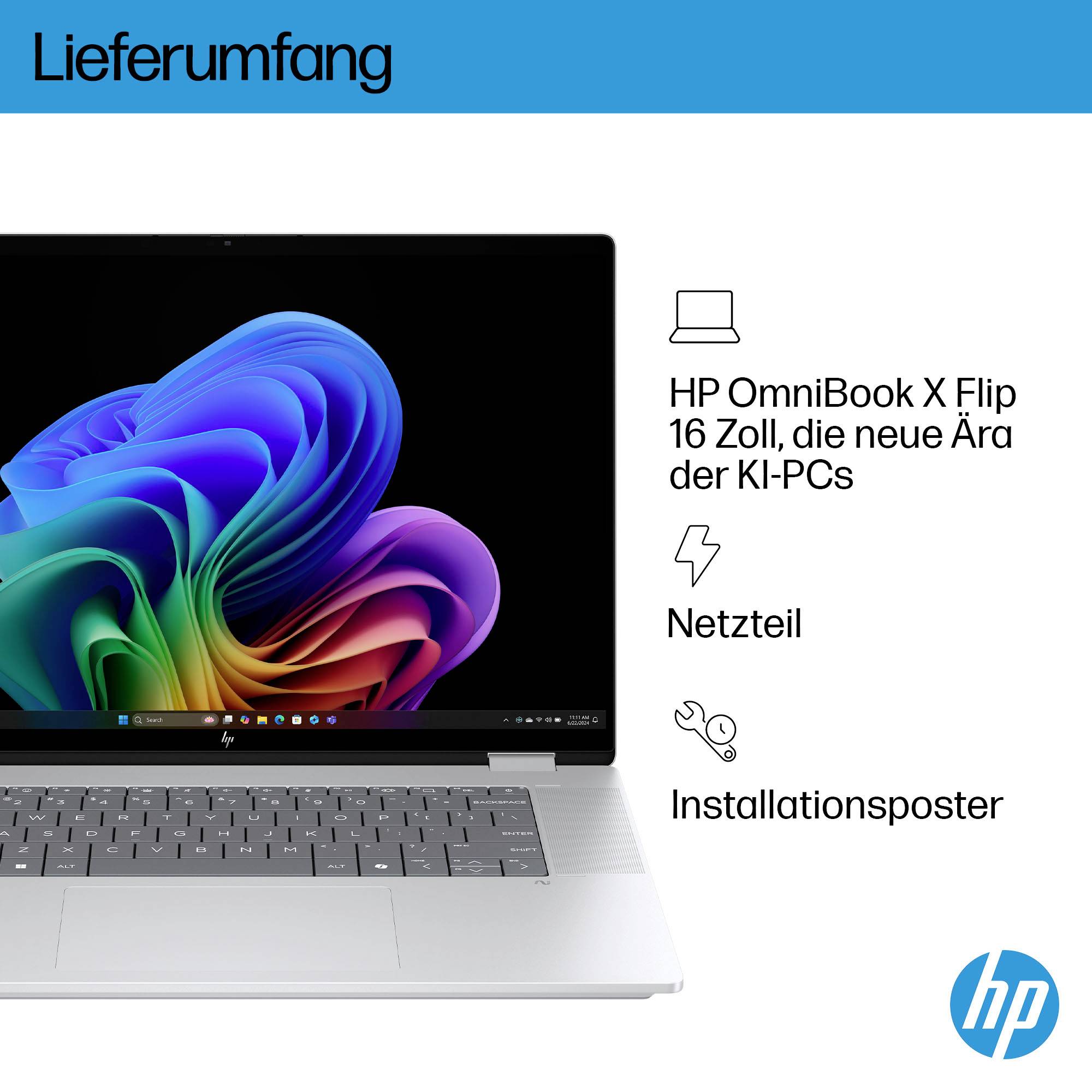 HP OmniBook X Flip 16 Laptop mit Ladegerät und Aufbauanleitung, dargestellt unter der Überschrift „Lieferumfang" (Lieferumfang enthalten).