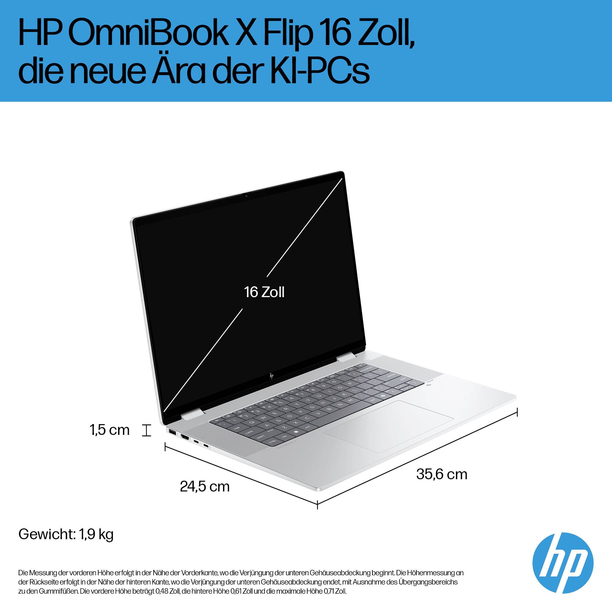 Werbegrafikbild eines HP OmniBook X Flip 16 Laptops mit 16-Zoll-Bildschirm, das schlanke Abmessungen von 35,6 cm x 24,5 cm und 1,5 cm Dicke sowie ein Gewicht von 1,9 kg zeigt.