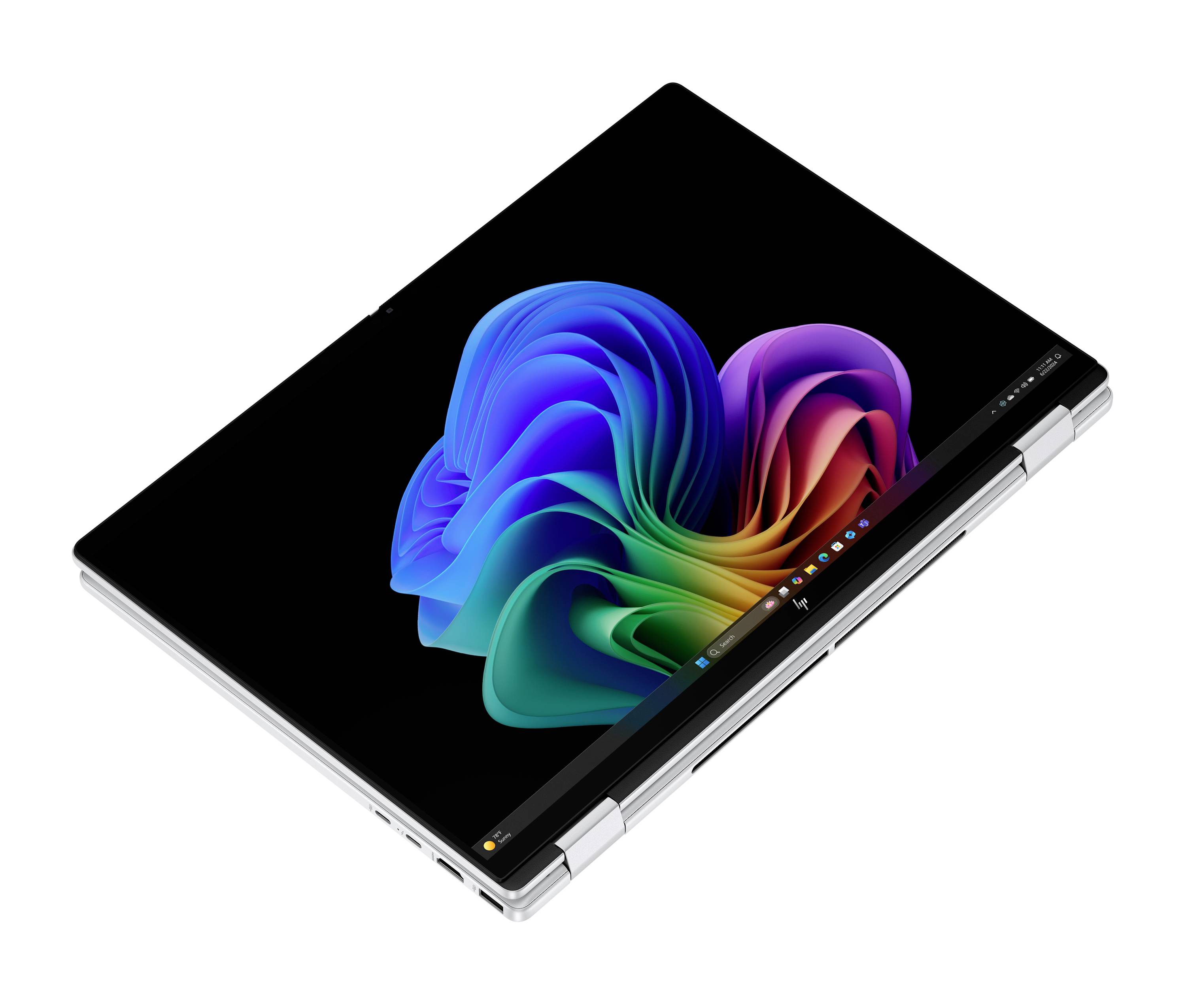 Ein 2-in-1-Laptop im Tablet-Modus mit einem farbenfrohen abstrakten Hintergrundbild auf dem Bildschirm und einem sichtbaren Tastatur-Scharnier entlang der Kante.