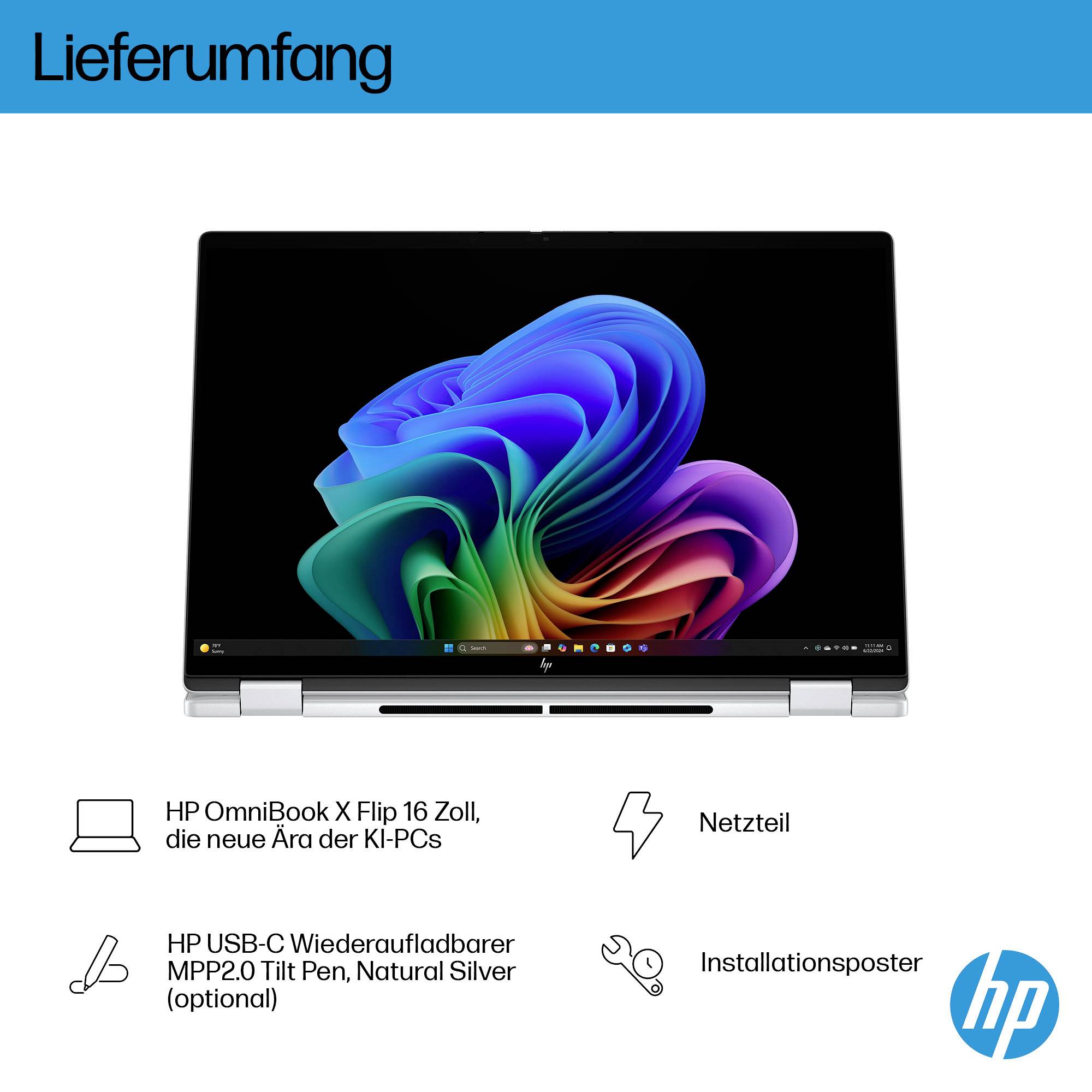 HP OmniBook X Flip 16 Zoll Laptop mit Netzteil, optionalem HP USB-C wiederaufladbarem MPP2.0 Tilt Pen und Installationsplakat.