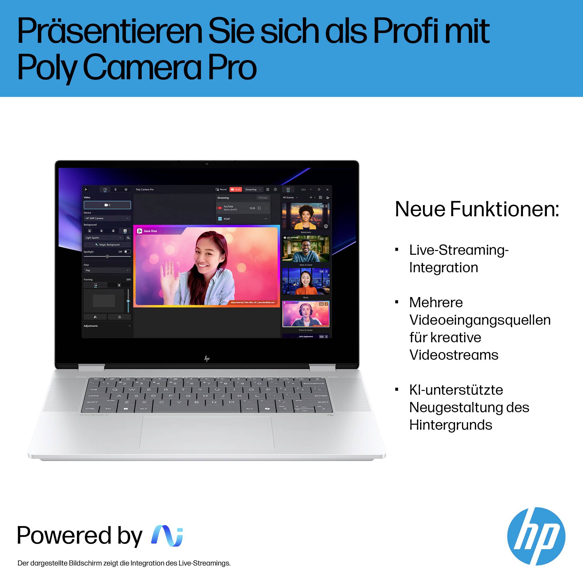 HP-Anzeige für Poly Camera Pro mit einem Laptop, der Streaming-Software und einen Moderator zeigt, die Live-Streaming-Integration, mehrere Videoquellen und KI-Hintergrundgestaltung bewirbt.