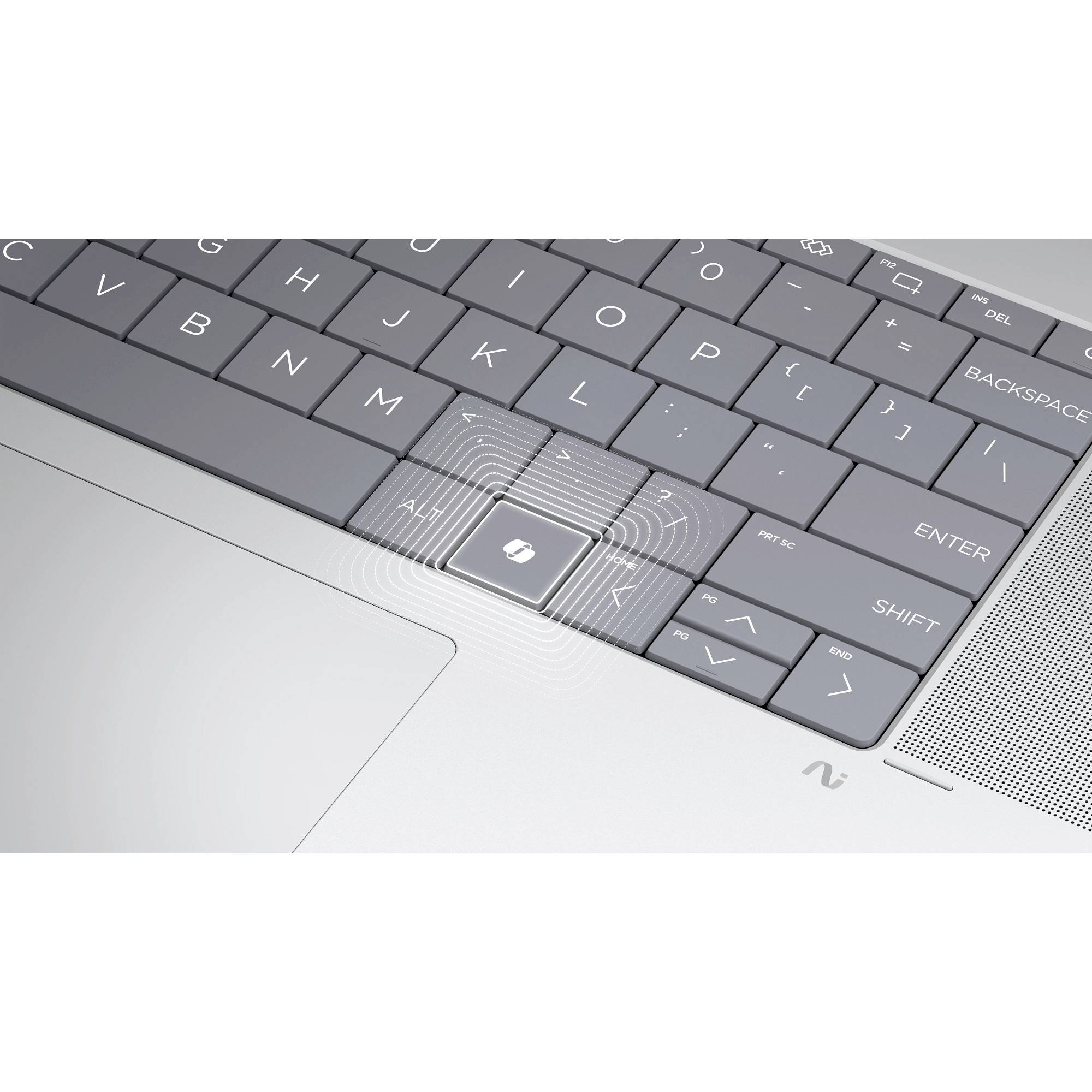 Nahaufnahme einer Laptop-Tastatur und eines Touchpads, wobei die Windows-Taste durch konzentrische Signallinien hervorgehoben ist, was auf drahtlose oder Touch-Aktivierung hindeutet.