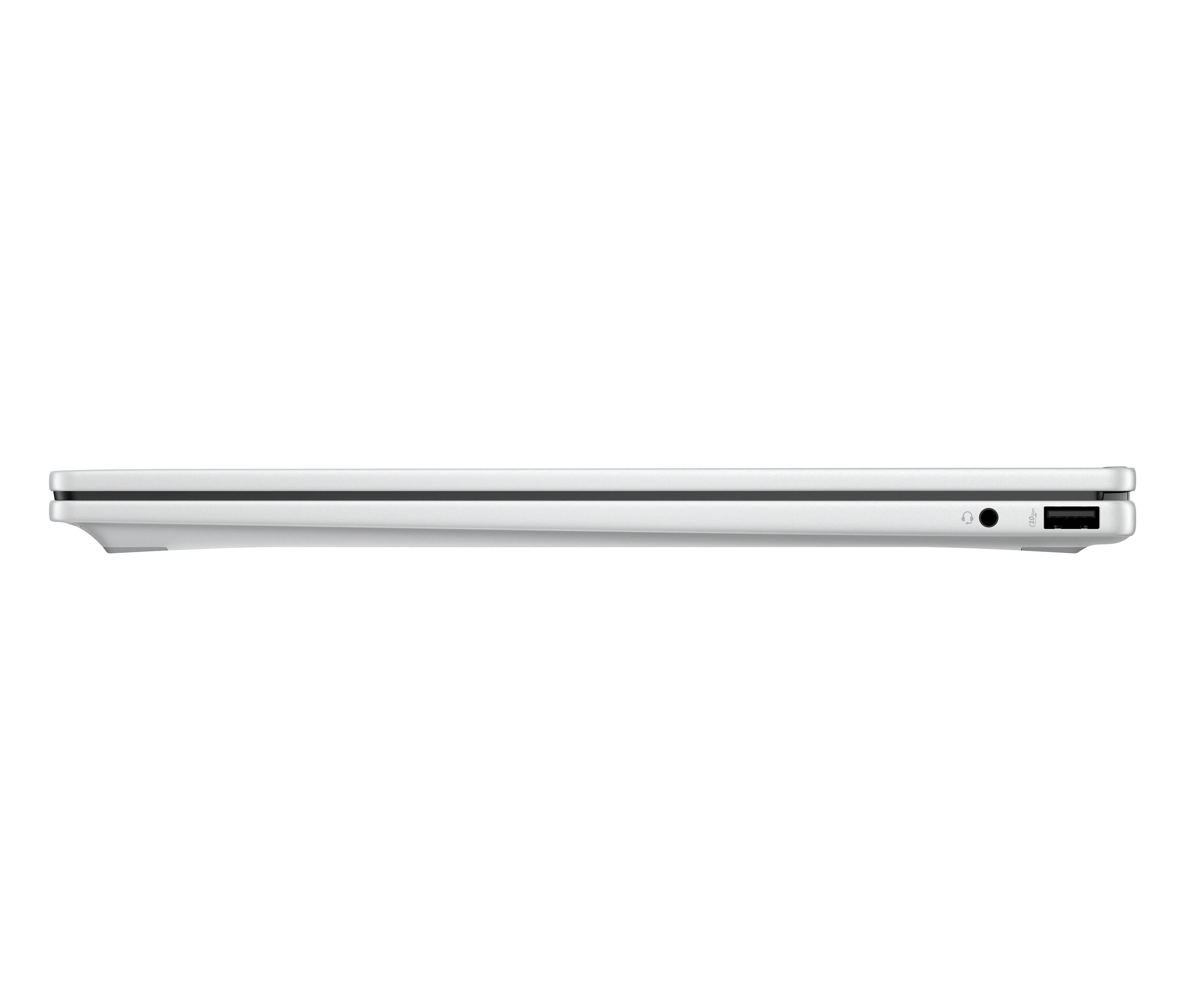 Seitenansicht eines schlanken silbernen Laptops im geschlossenen Zustand auf weißem Hintergrund, die das dünne Profil und die seitlichen Anschlüsse zeigt.