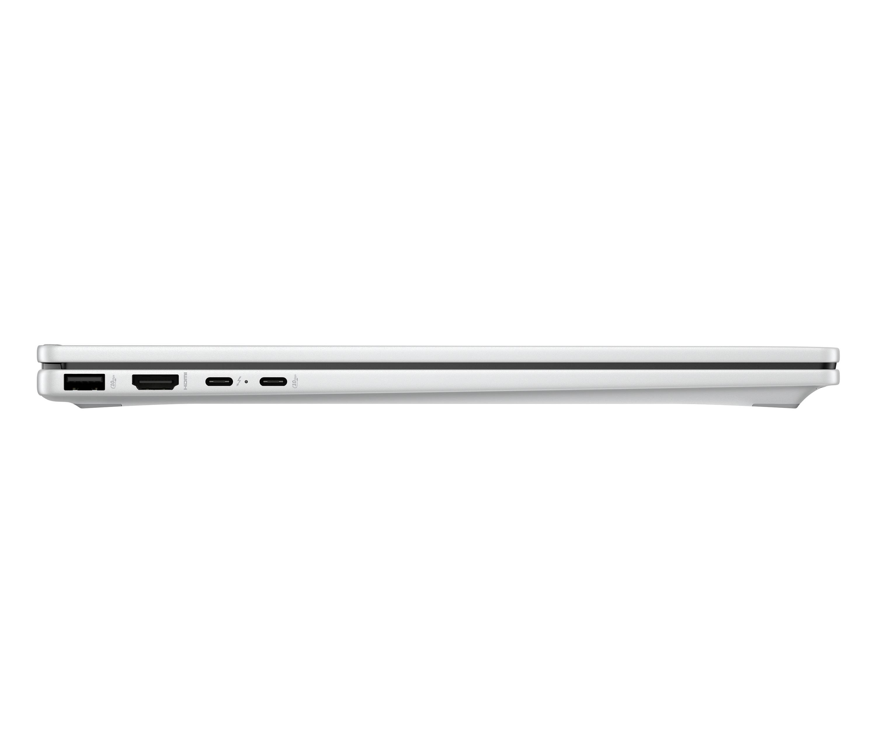 Seitenansicht eines geschlossenen schlanken silbernen Laptops, der die Anschlüsse an der linken Kante zeigt.