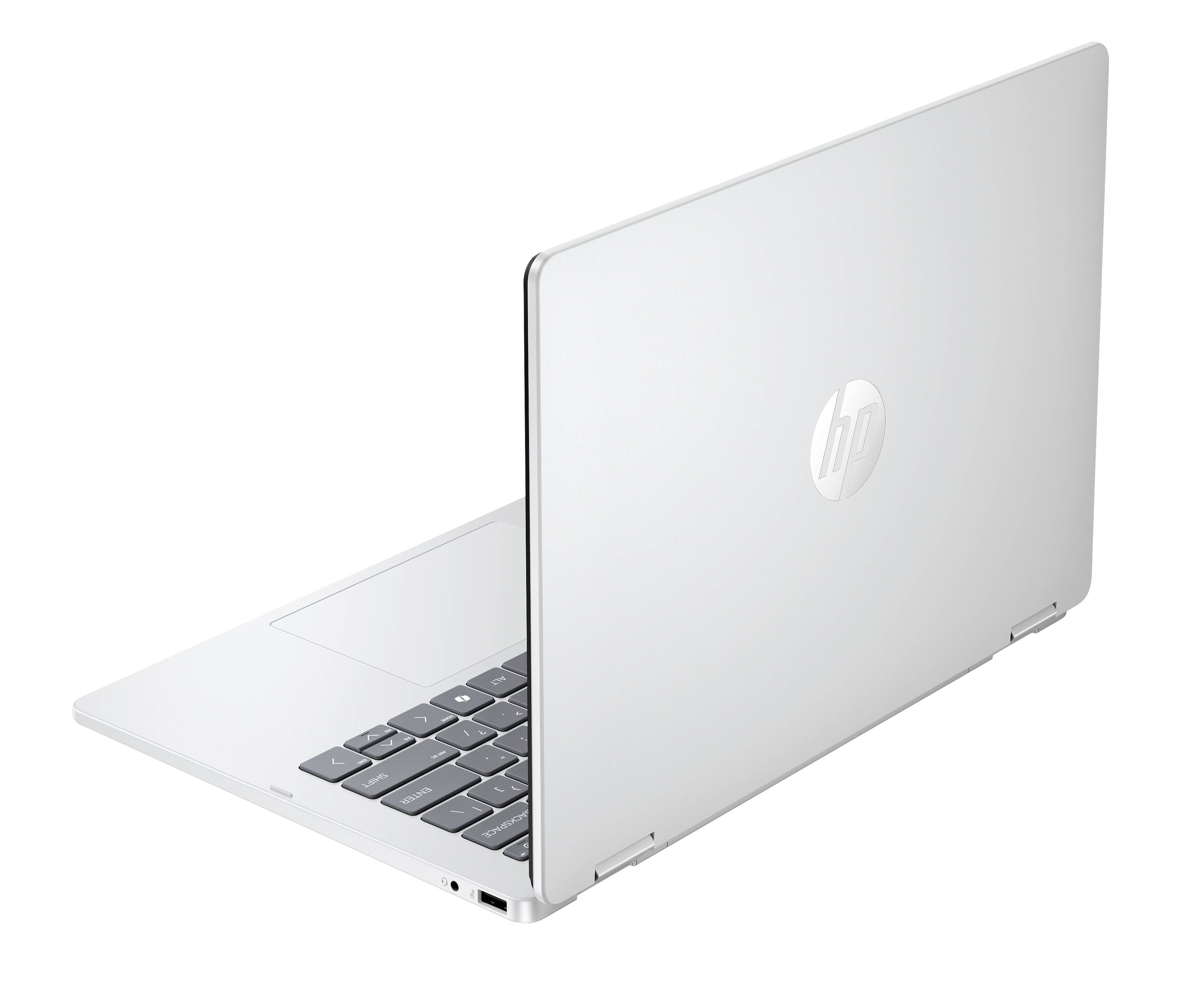 Silberner HP-Laptop, der auf weißem Hintergrund teilweise geöffnet ist und die Tastatur sowie das HP-Logo auf der Rückseite des Bildschirms zeigt.