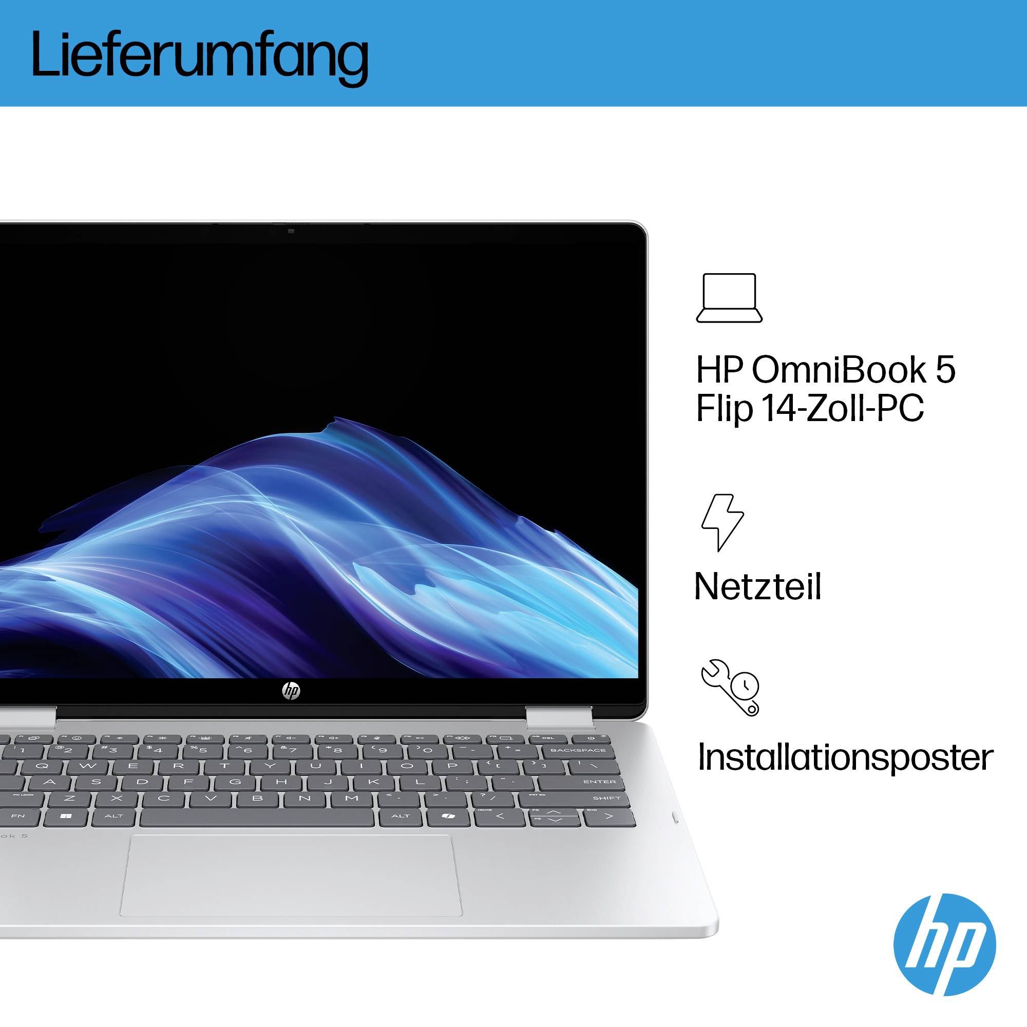 HP OmniBook 5 Flip 14-Zoll-PC Paketinhalt: Laptop, Netzteil und Installationsposter.