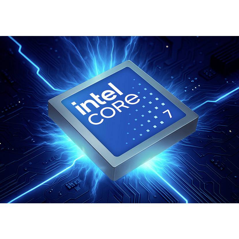 Intel Core 7 Prozessor-Chip mit blauem Glühen auf einer Leiterplatte, gezeigt als Technologie-Produktgrafik.
