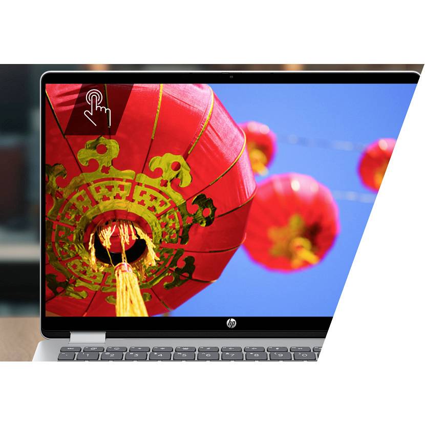HP-Laptop, der eine Nahaufnahme einer roten chinesischen Laterne gegen einen blauen Himmel zeigt, mit einem Touch-Symbol in der Ecke, das einen Touchscreen anzeigt.