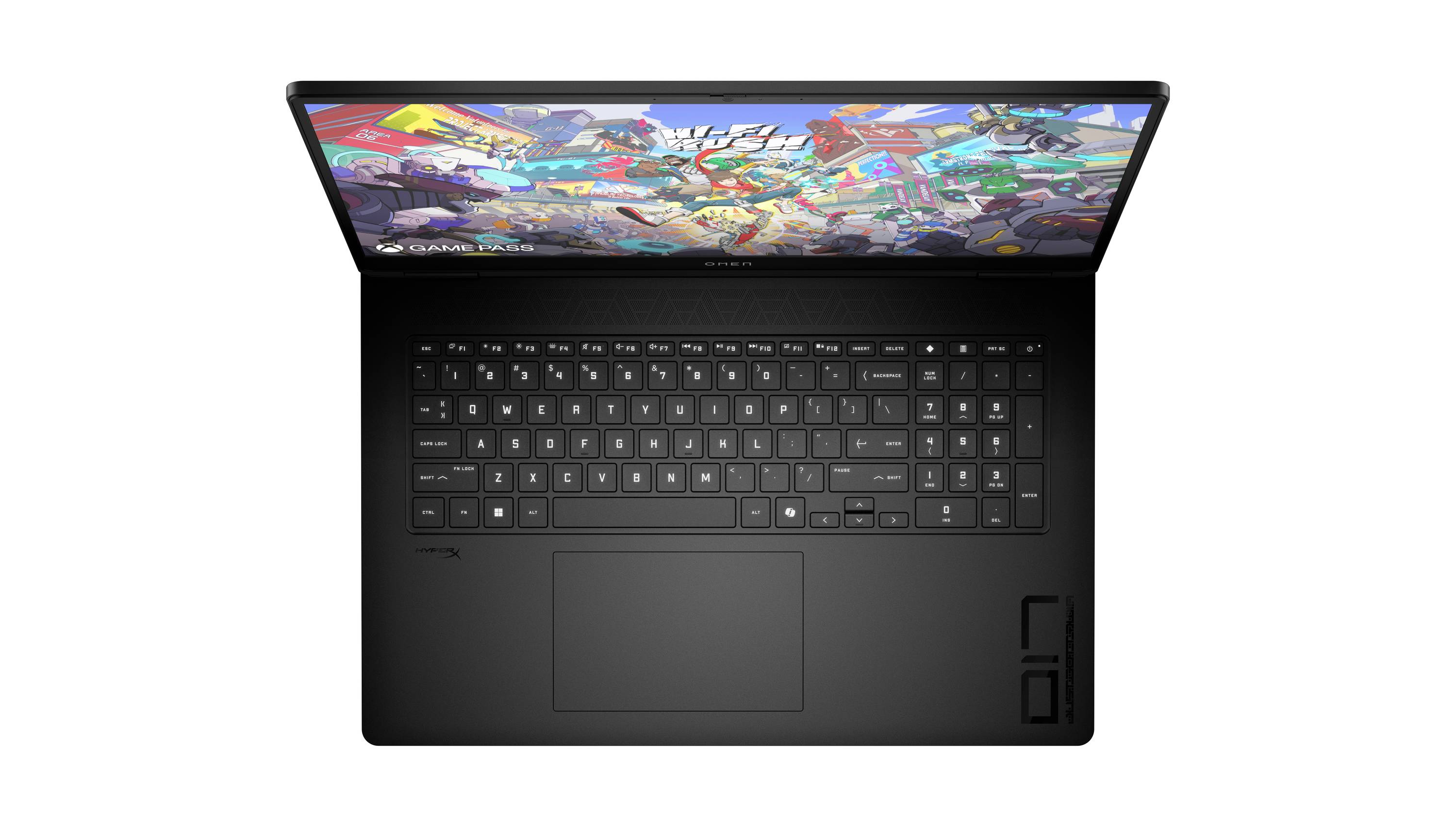 Laptop mit buntem Spiele-Artwork auf dem Bildschirm geöffnet, schwarze Tastatur, großes Touchpad und zwei kleine Tasten auf der rechten Seite.