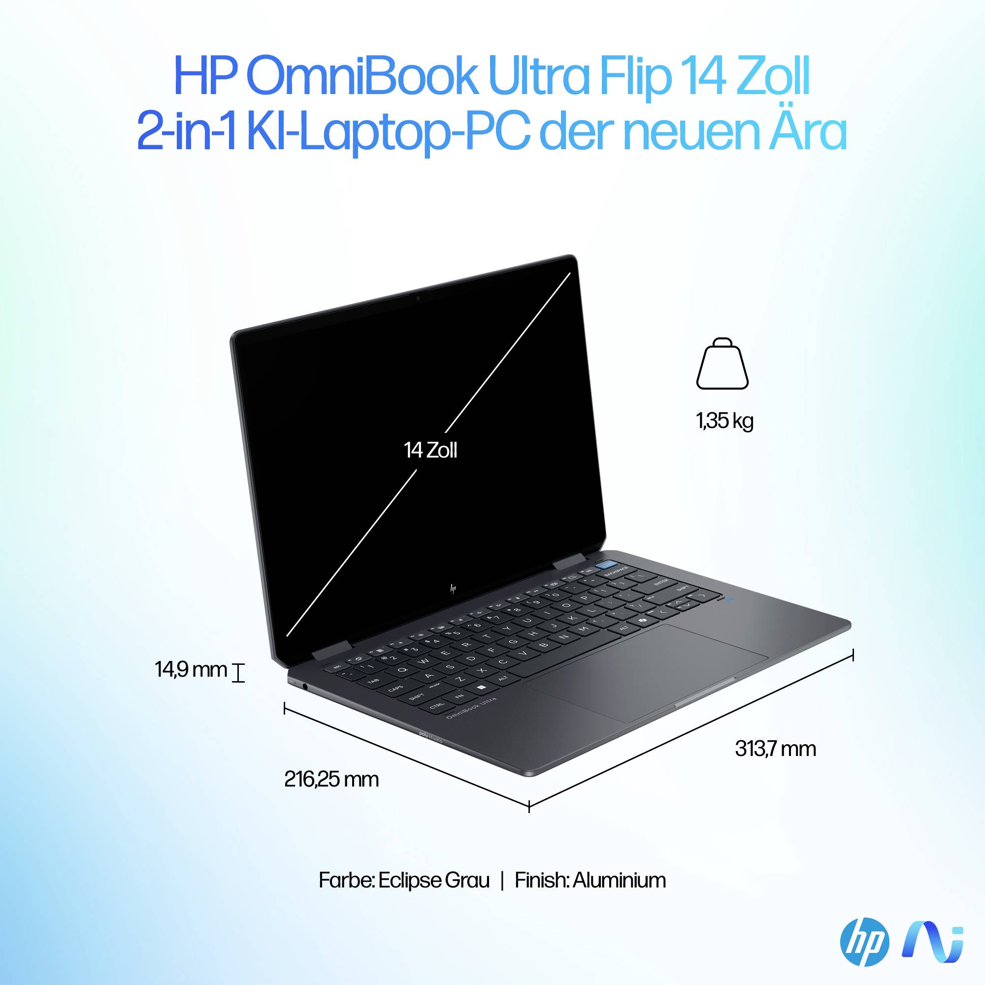 HP OmniBook Ultra Flip 14 2-in-1-Laptop geöffnet, zeigt 35,6 cm großes Display, 1,35 kg Gewicht, 14,9 mm Dicke, 216,25 mm Tiefe und 313,7 mm Breite.
