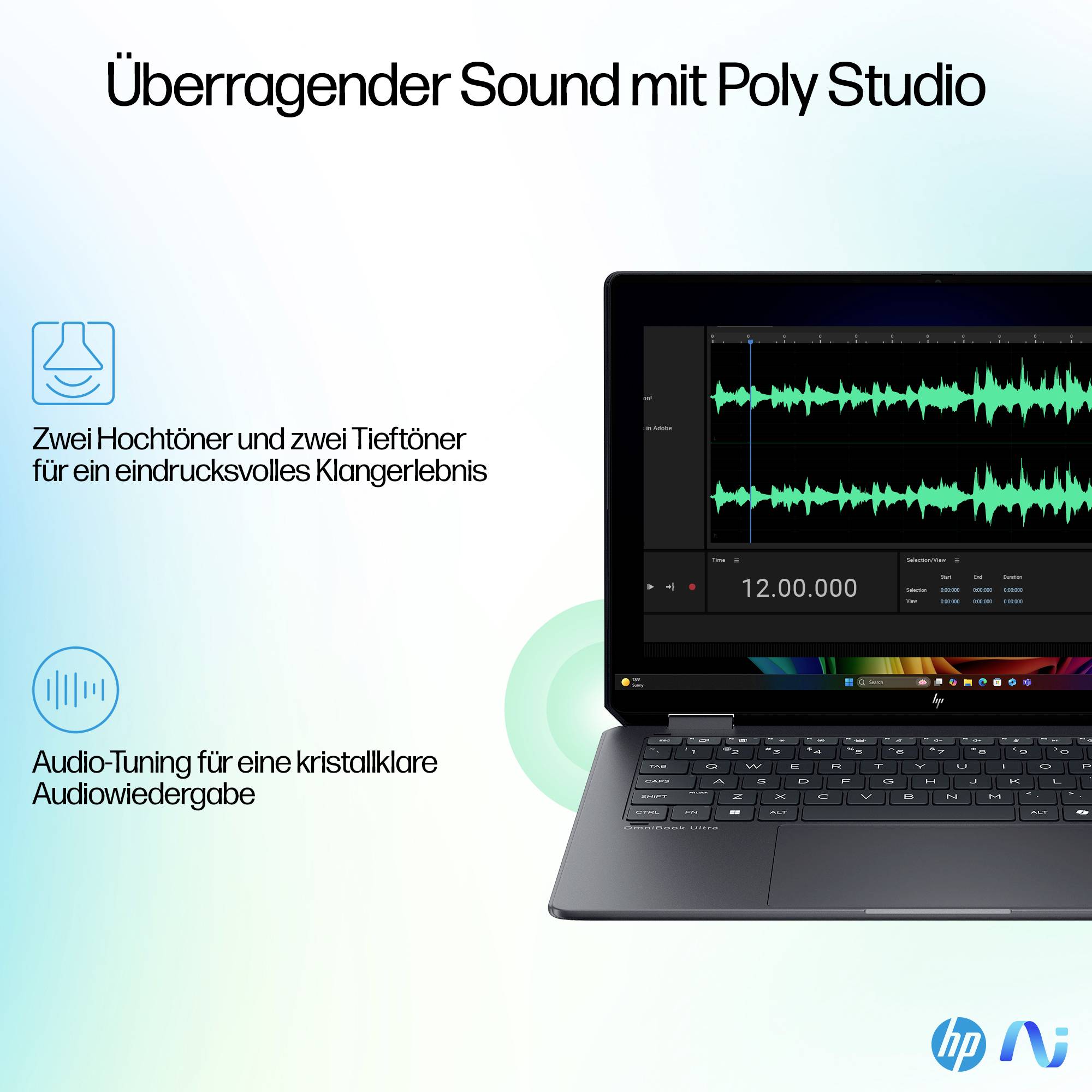 HP Laptop-Anzeige mit dem Slogan „Überragender Sound mit Poly Studio"; der Text hebt zwei Hochtöner und zwei Tieftöner hervor, sowie Audio-Abstimmung für klare Wiedergabe, mit einer Wellenform auf dem Bildschirm.