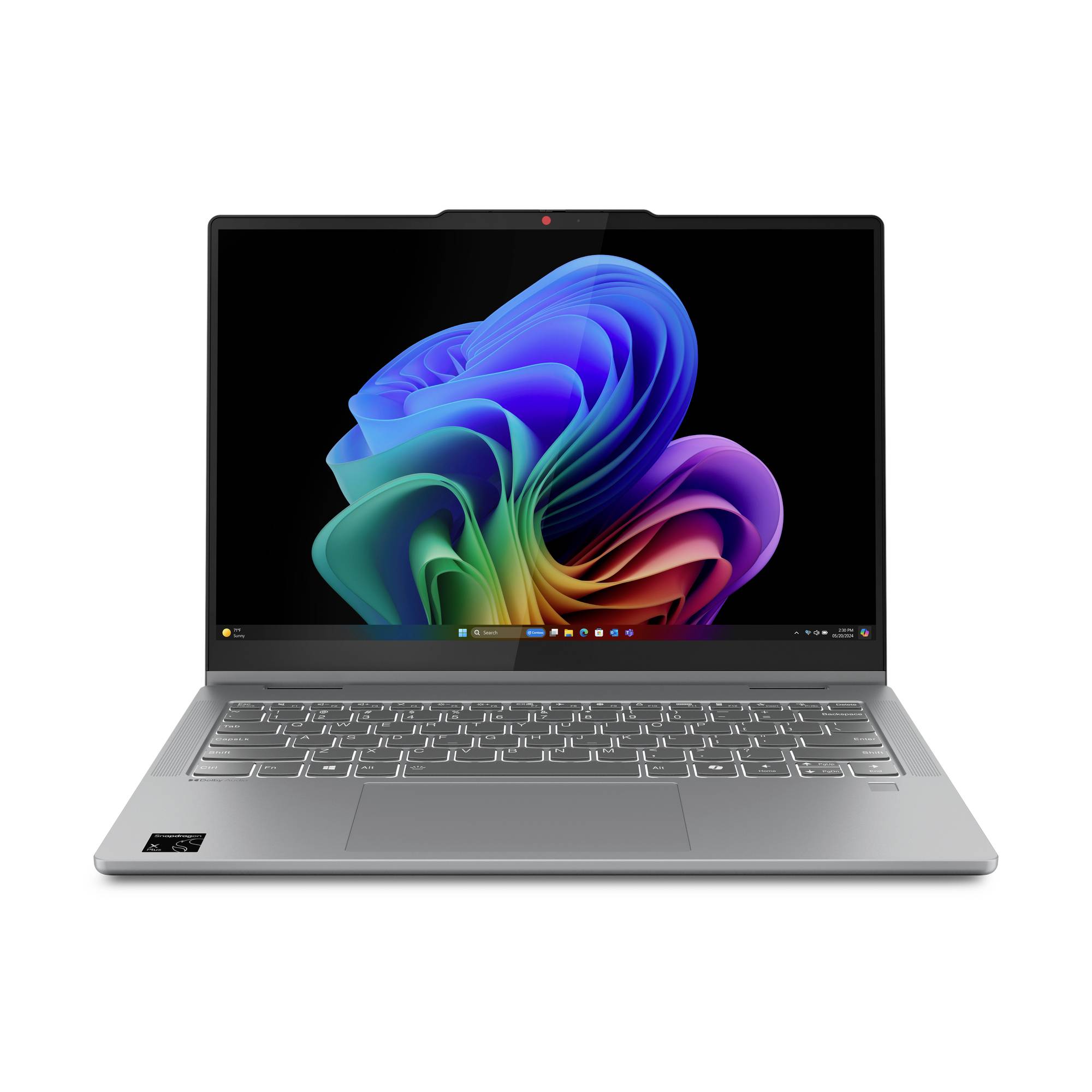 Silberner Laptop mit einem farbenfrohen abstrakten Blumenmuster auf dem Bildschirm, geöffnet in Vorderansicht auf weißem Hintergrund.
