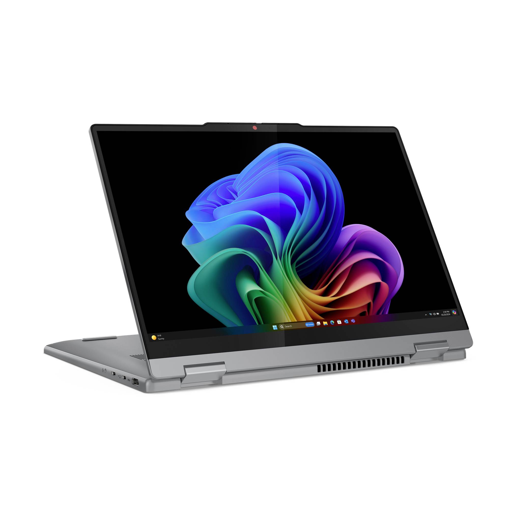 Silberner 2-in-1-Laptop im Zeltmodus mit buntem abstraktem Windows-Desktop-Hintergrundbild auf schwarzem Bildschirm.
