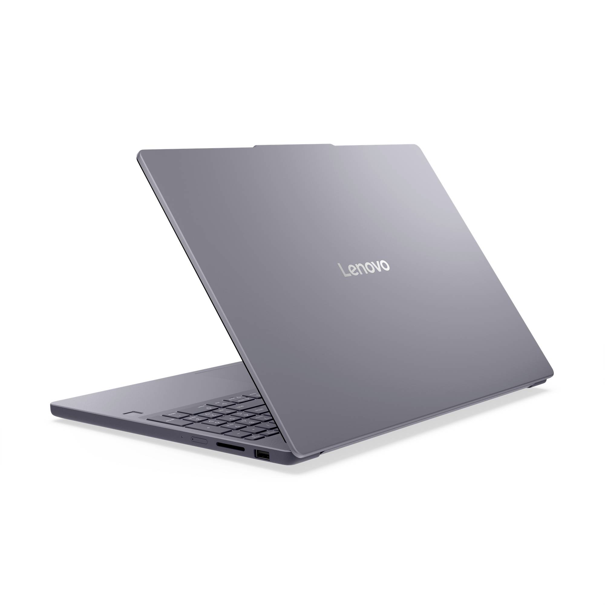Geschlossener grauer Lenovo-Laptop in perspektivischer Ansicht auf weißem Hintergrund gezeigt.
