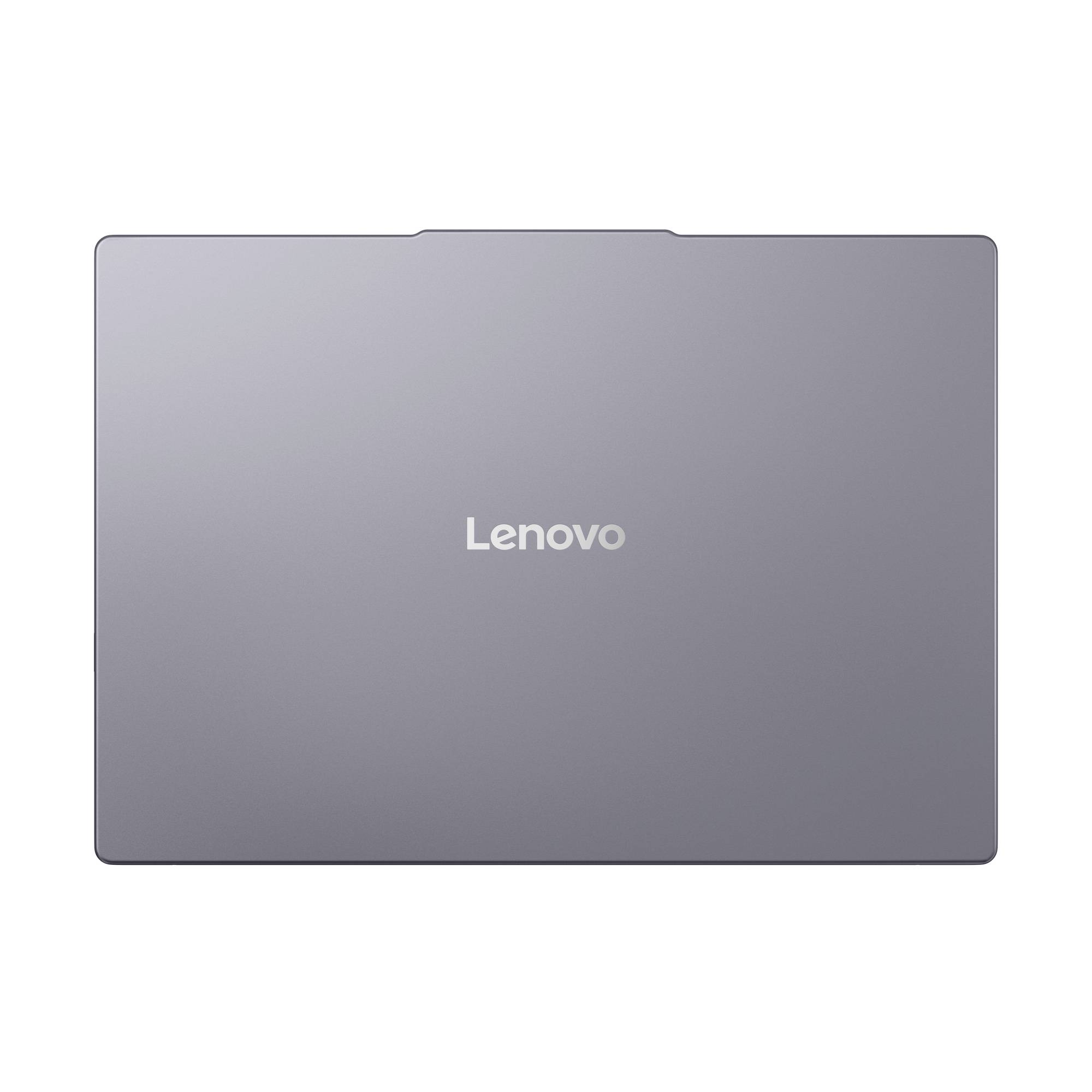 Geschlossener grauer Lenovo-Laptop von oben auf weißem Hintergrund betrachtet.