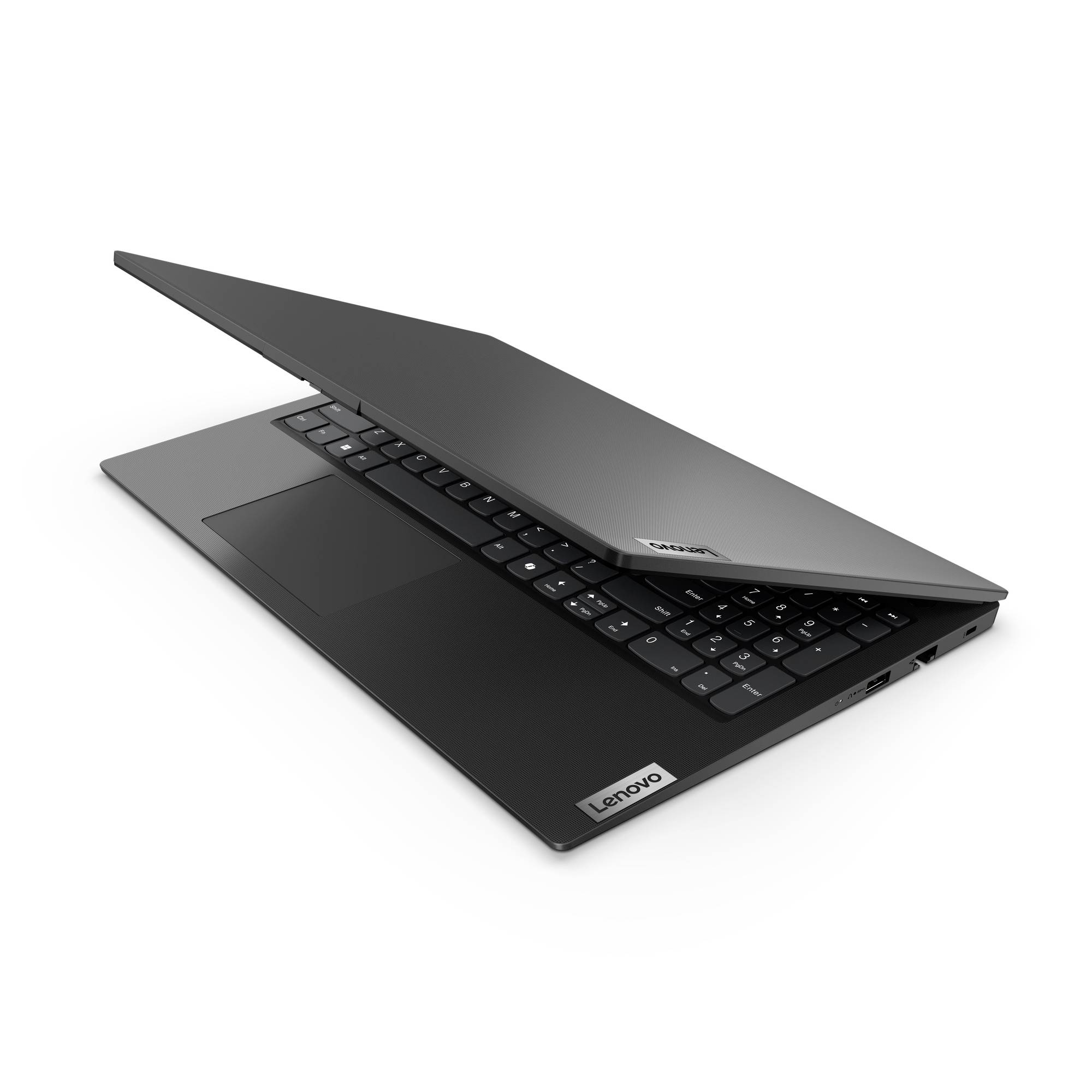 Aufgeklappter schwarzer Lenovo-Laptop auf weißem Hintergrund, teilweise geschlossen, Tastatur und Trackpad sichtbar.