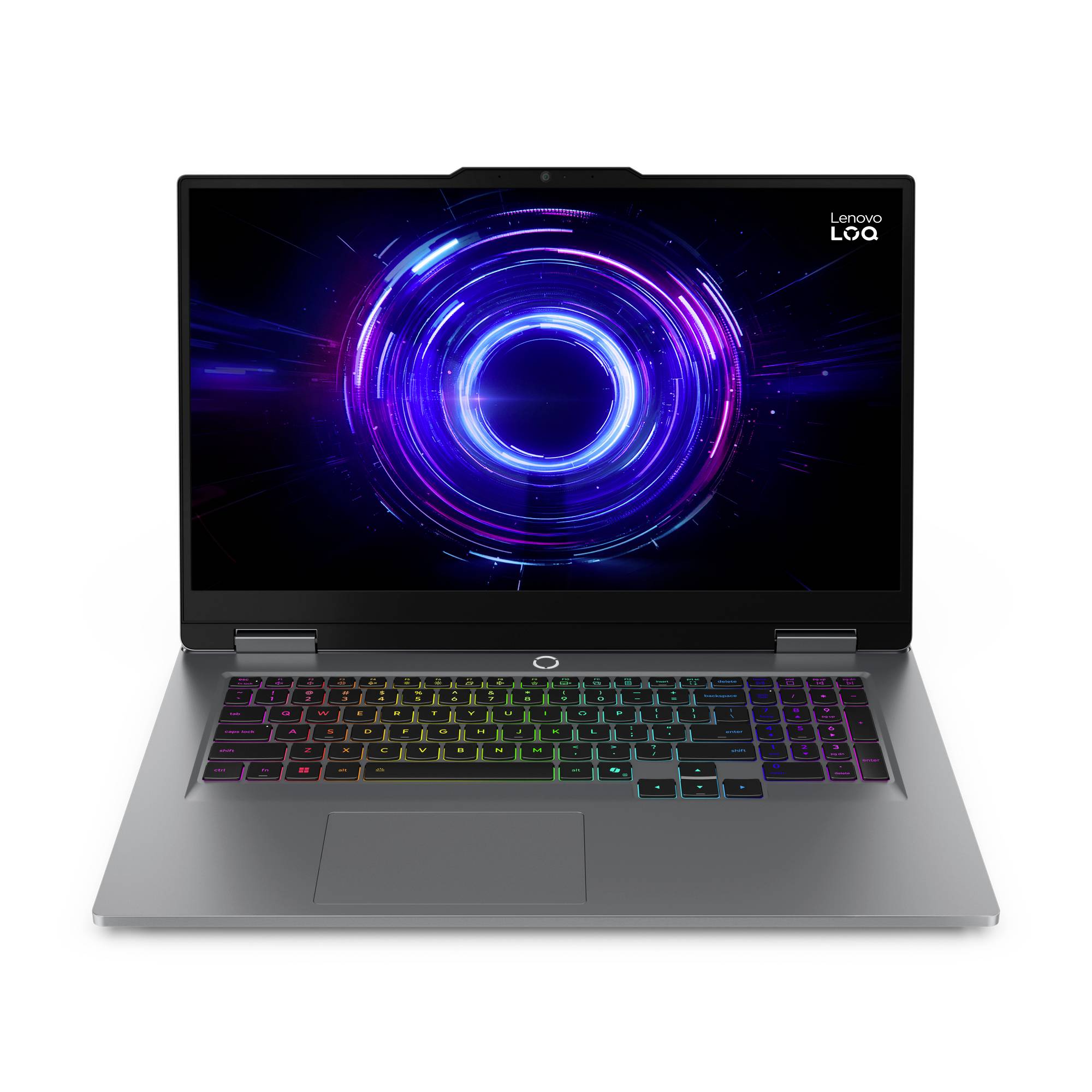 Offener Lenovo LOQ-Laptop auf weißem Hintergrund mit leuchtender violett-blauer Ring-Grafik auf dem Bildschirm und regenbogenfarbig beleuchteter Tastatur.