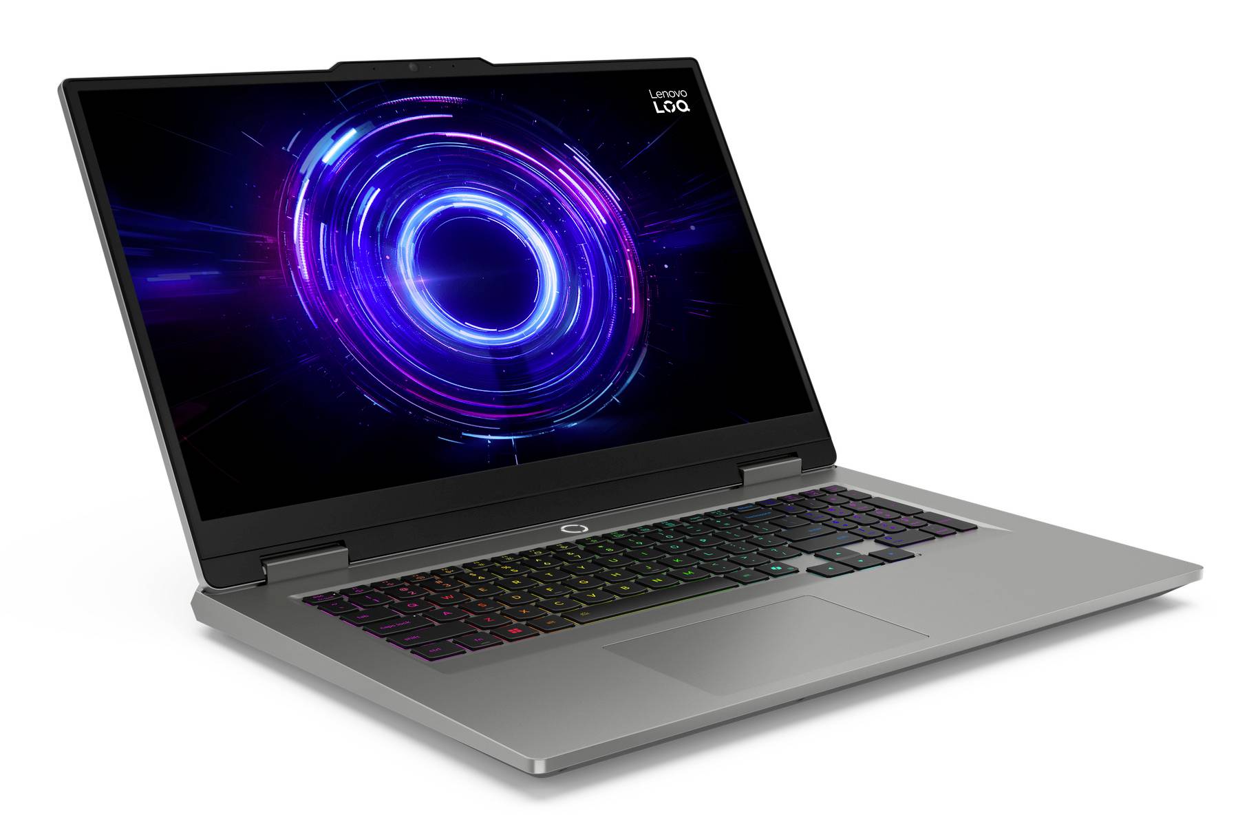Silberner Lenovo LOQ Gaming-Laptop mit farbig beleuchteter Tastatur und einer purpur-blauen kreisförmigen Grafik auf dem Bildschirm, dargestellt auf weißem Hintergrund.