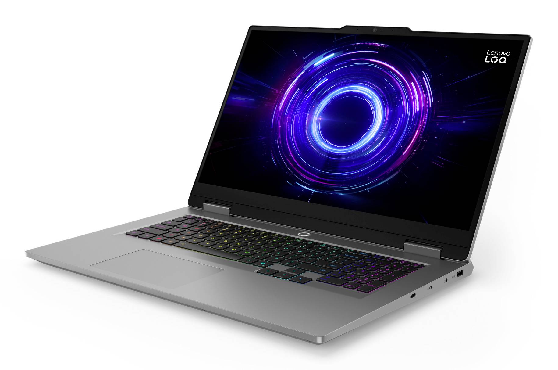 Lenovo LOQ Laptop mit einem leuchtenden blauen und violetten kreisförmigen Grafikbild auf dem Bildschirm, schräg auf weißem Hintergrund angezeigt.