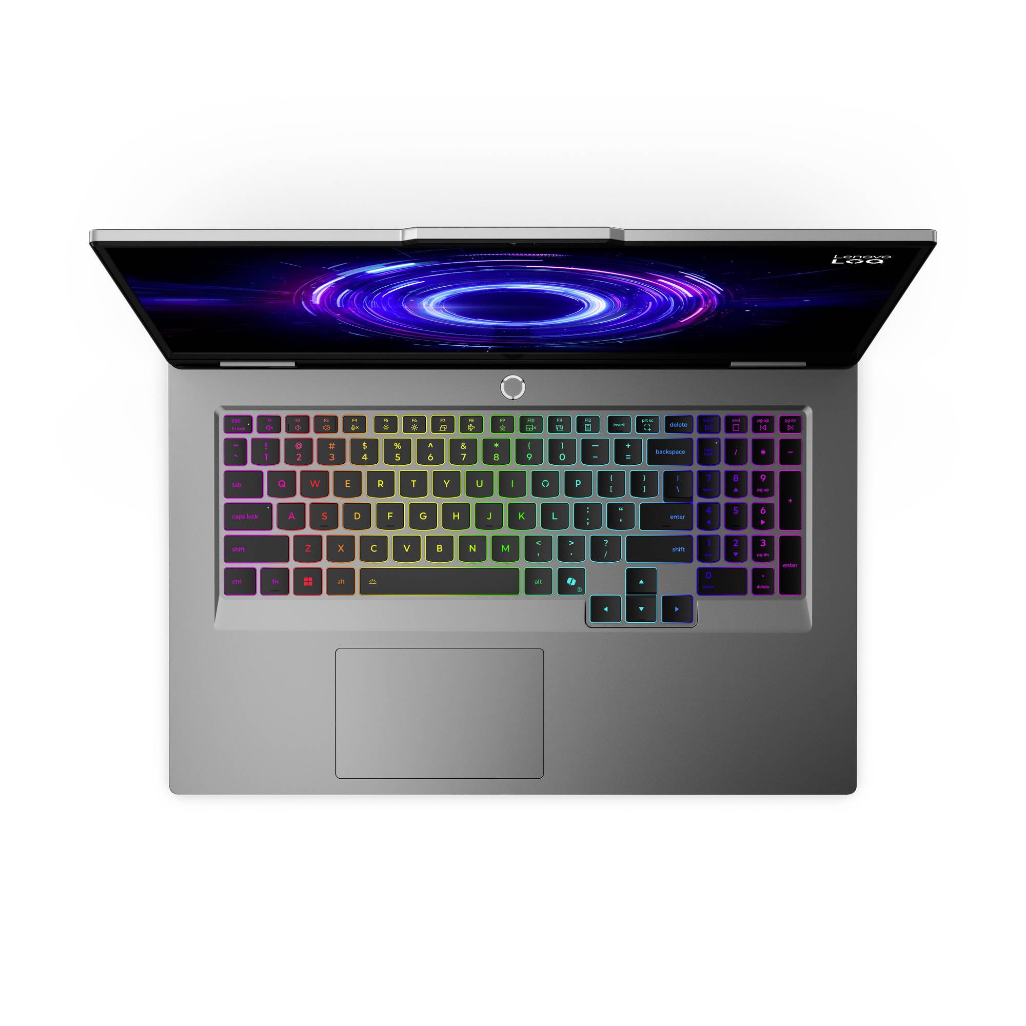 Draufsicht auf einen geöffneten HP-Laptop mit regenbogenfarbig hintergrundbeleuchteter Tastatur und violettem abstraktem Display auf weißem Hintergrund.
