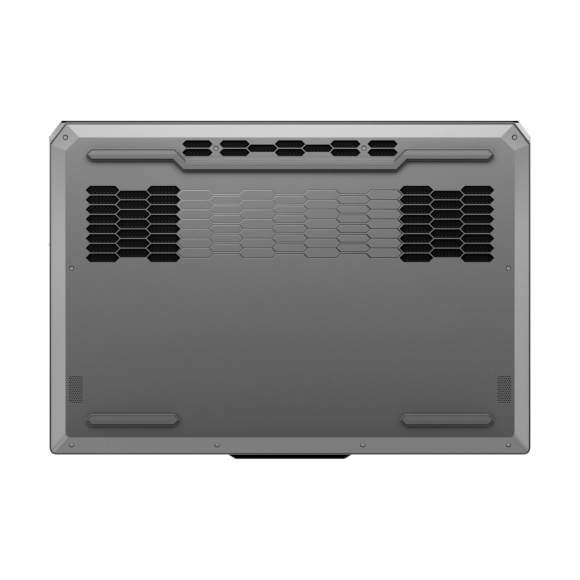Rückansicht eines grauen Laptops mit Lüftungsgittern und Gummifüßen, die das Untergehäuse zeigt.