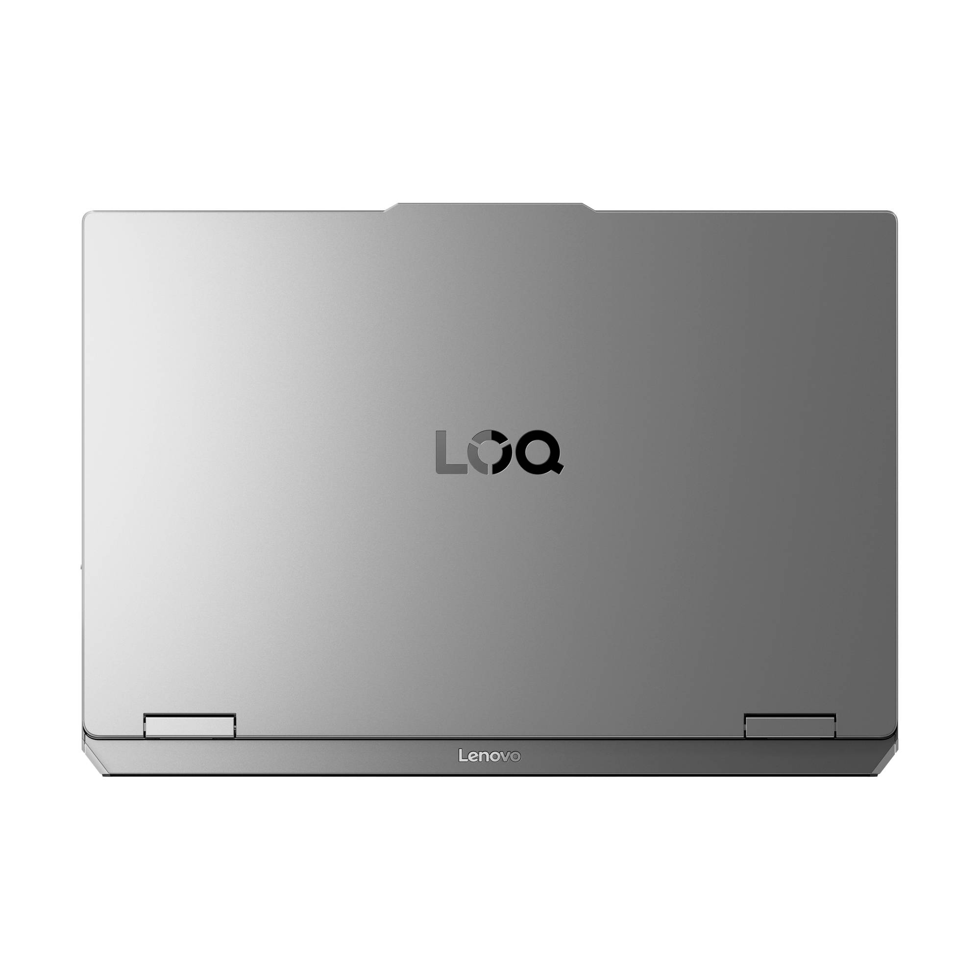 Geschlossener grauer Lenovo LOQ Laptop von hinten betrachtet, mit dem LOQ-Logo in der Mitte und dem Lenovo-Namen am Scharnier