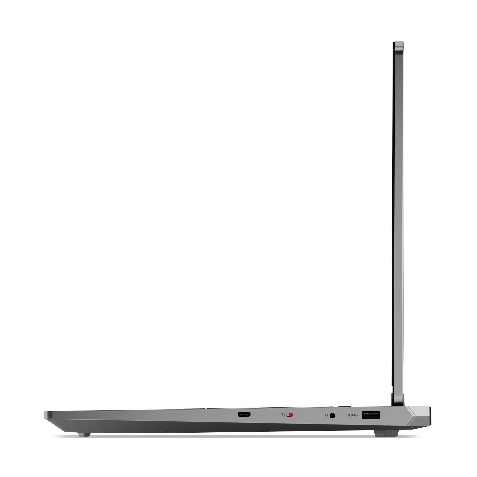 Schlanker grauer Laptop in geschlossener Seitenansicht mit vertikal angehobenem Display, ähnlich einem dünnen 2-in-1-Gerät.