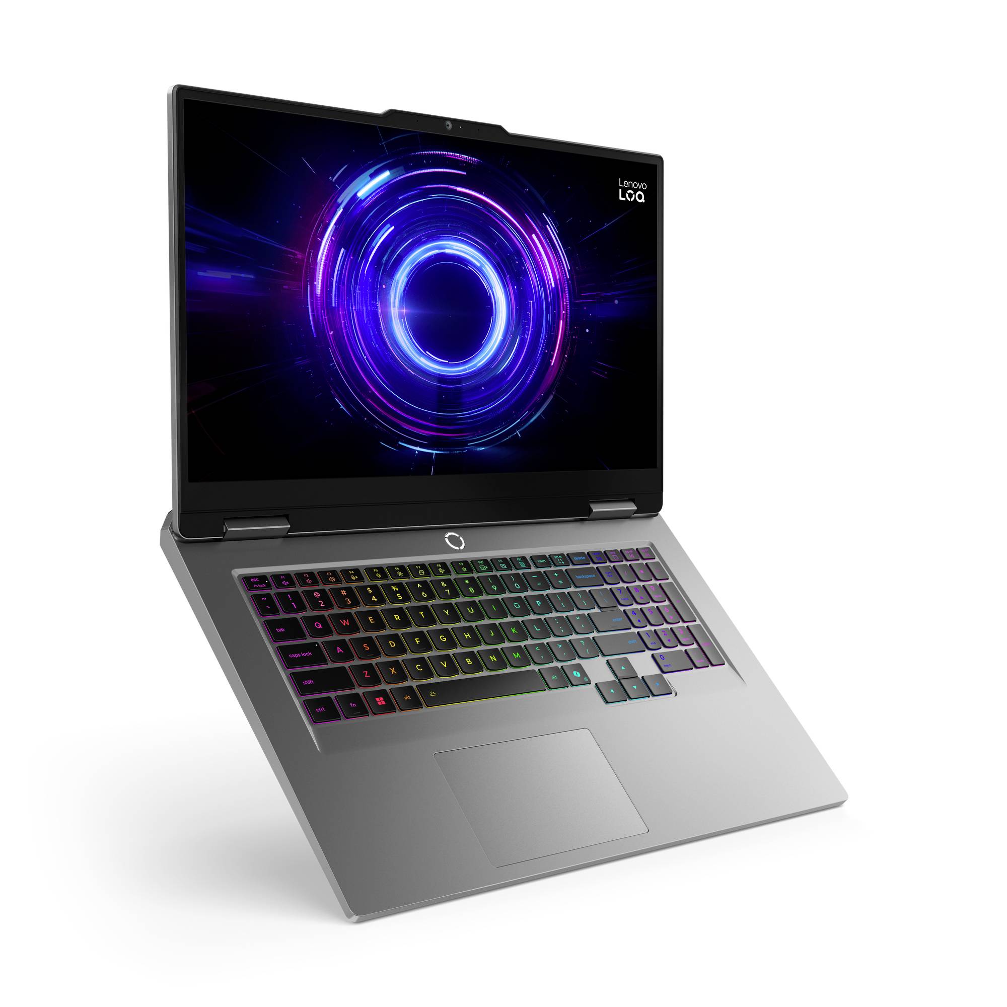Lenovo LOQ Gaming-Laptop mit RGB-beleuchteter Tastatur und kreisförmiger Neon-Grafik auf dem Bildschirm auf weißem Hintergrund.