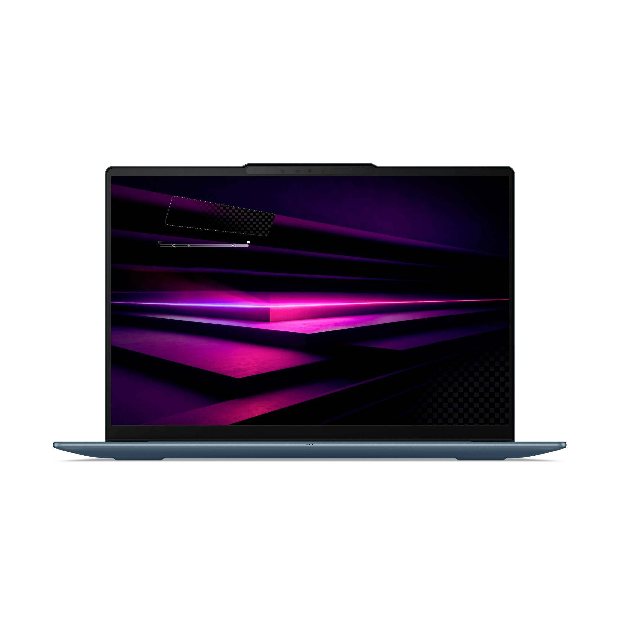 Ein Laptop, frontal dargestellt, mit einem dunkelvioletten abstrakten geometrischen Hintergrundbild auf dem Bildschirm.