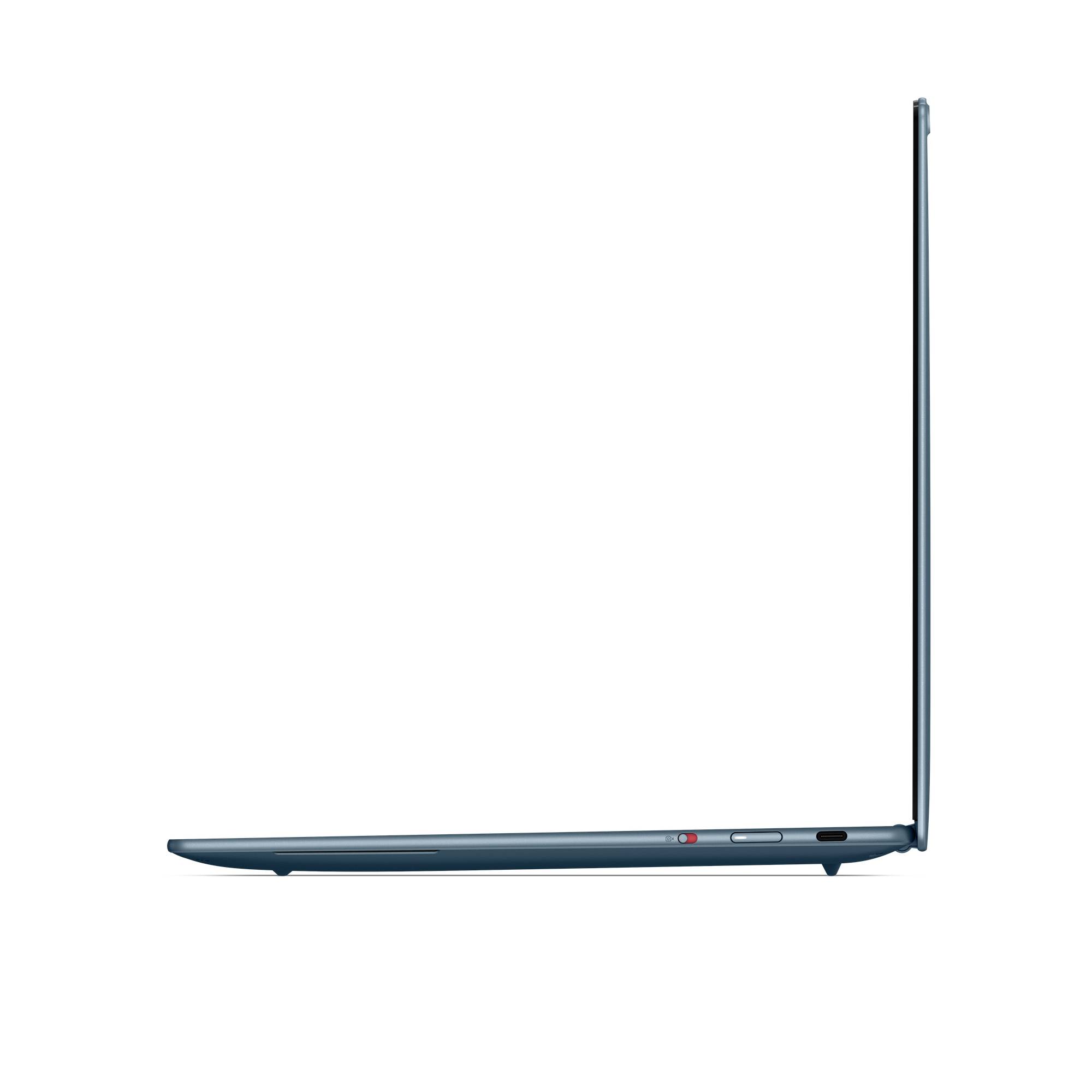 Seitenansicht eines offenen Laptops mit dem Bildschirm aufrecht im rechten Winkel zur Tastatur, auf weißem Hintergrund dargestellt.
