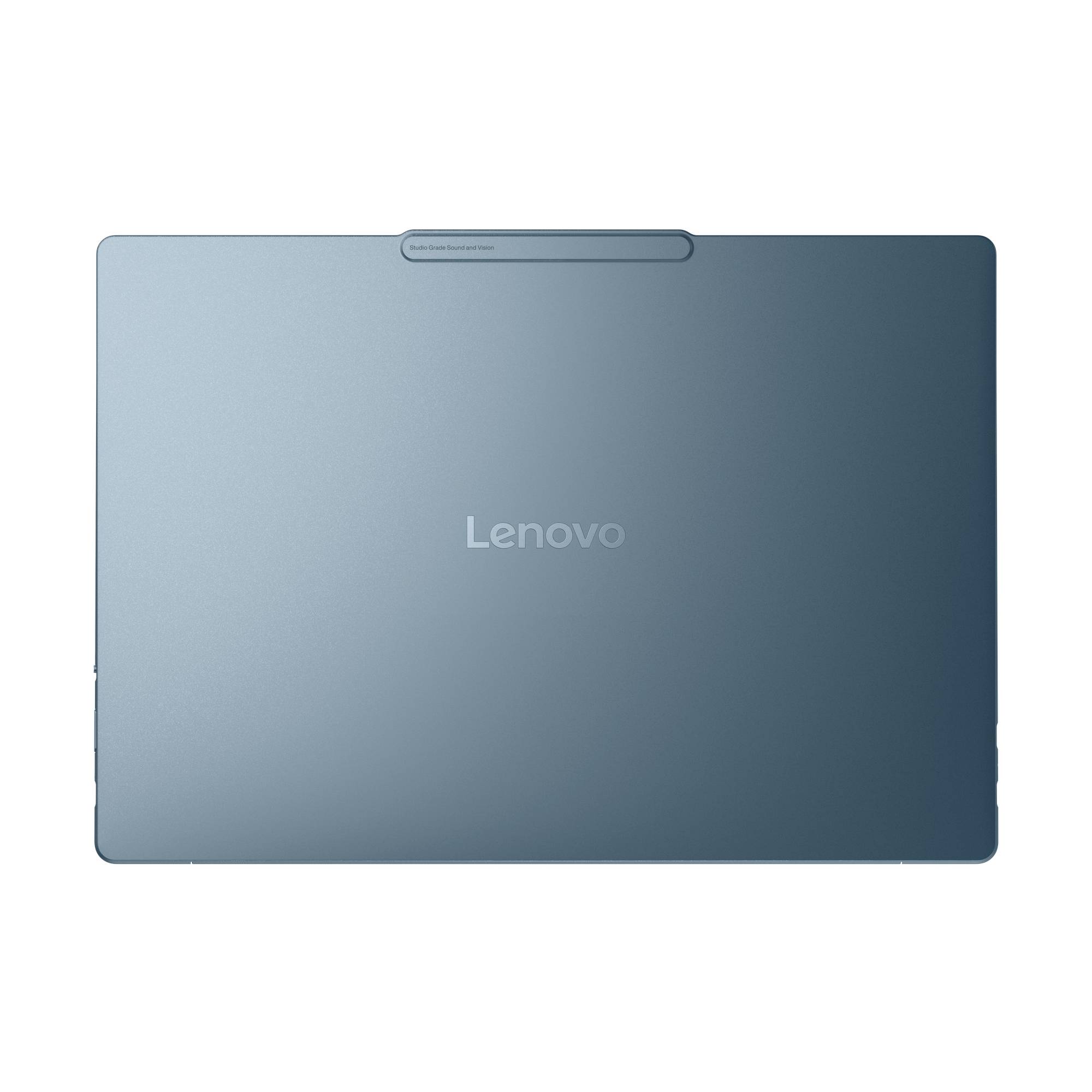 Geschlossener blaugrauer Lenovo-Laptop mit Rückseite von oben betrachtet, zentriert auf weißem Hintergrund mit sichtbarem Logo.