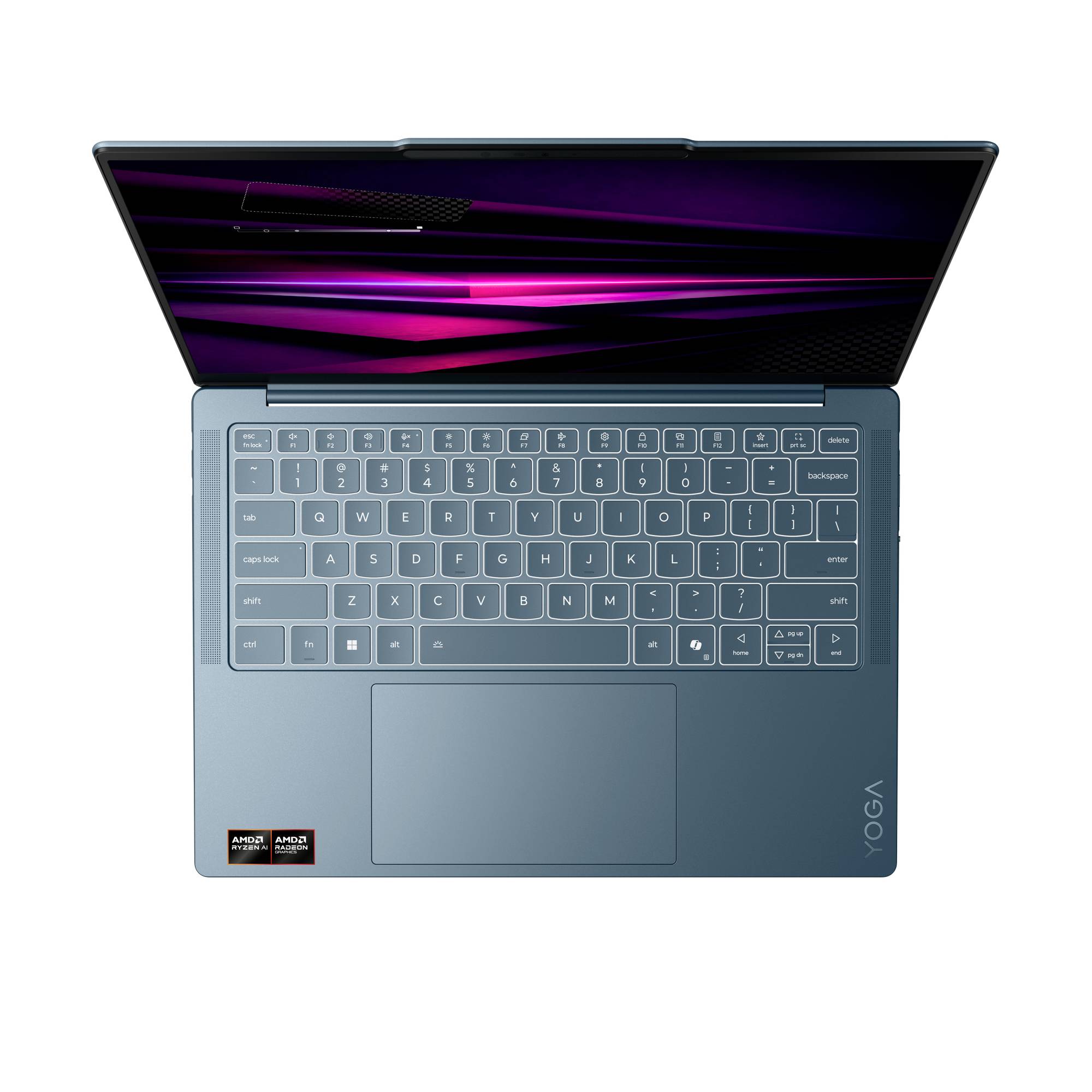 Draufsicht auf einen offenen Lenovo Yoga Laptop mit einer blauen Tastaturablage und einem magentafarbenen abstrakten Hintergrundbild auf dem Bildschirm.