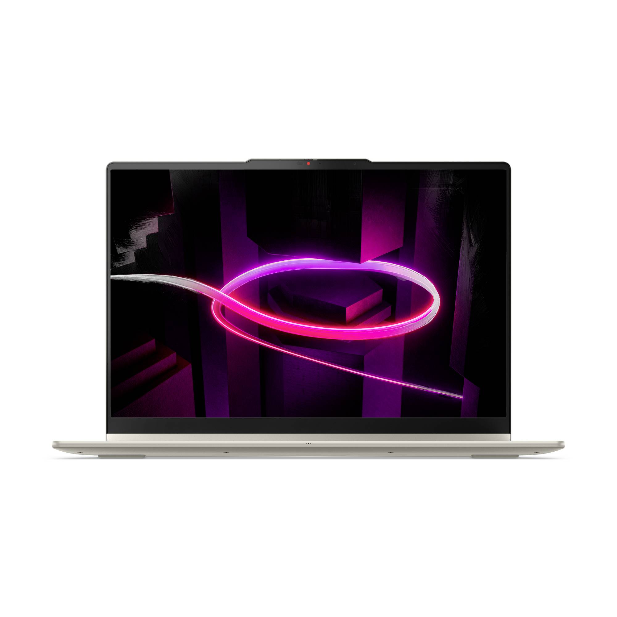 Silberner Laptop, der auf dem Bildschirm eine neon-rosa-und-lila abstrakte Schleifengrafik gegen einen dunklen Hintergrund anzeigt.