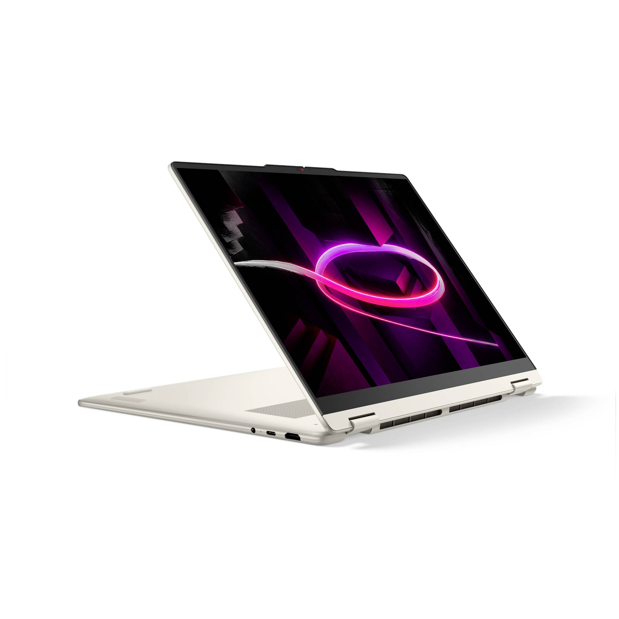 Offener weiß Laptop im Zeltmodus auf weißem Hintergrund, zeigt eine violette Neon-Grafik auf dem Bildschirm.