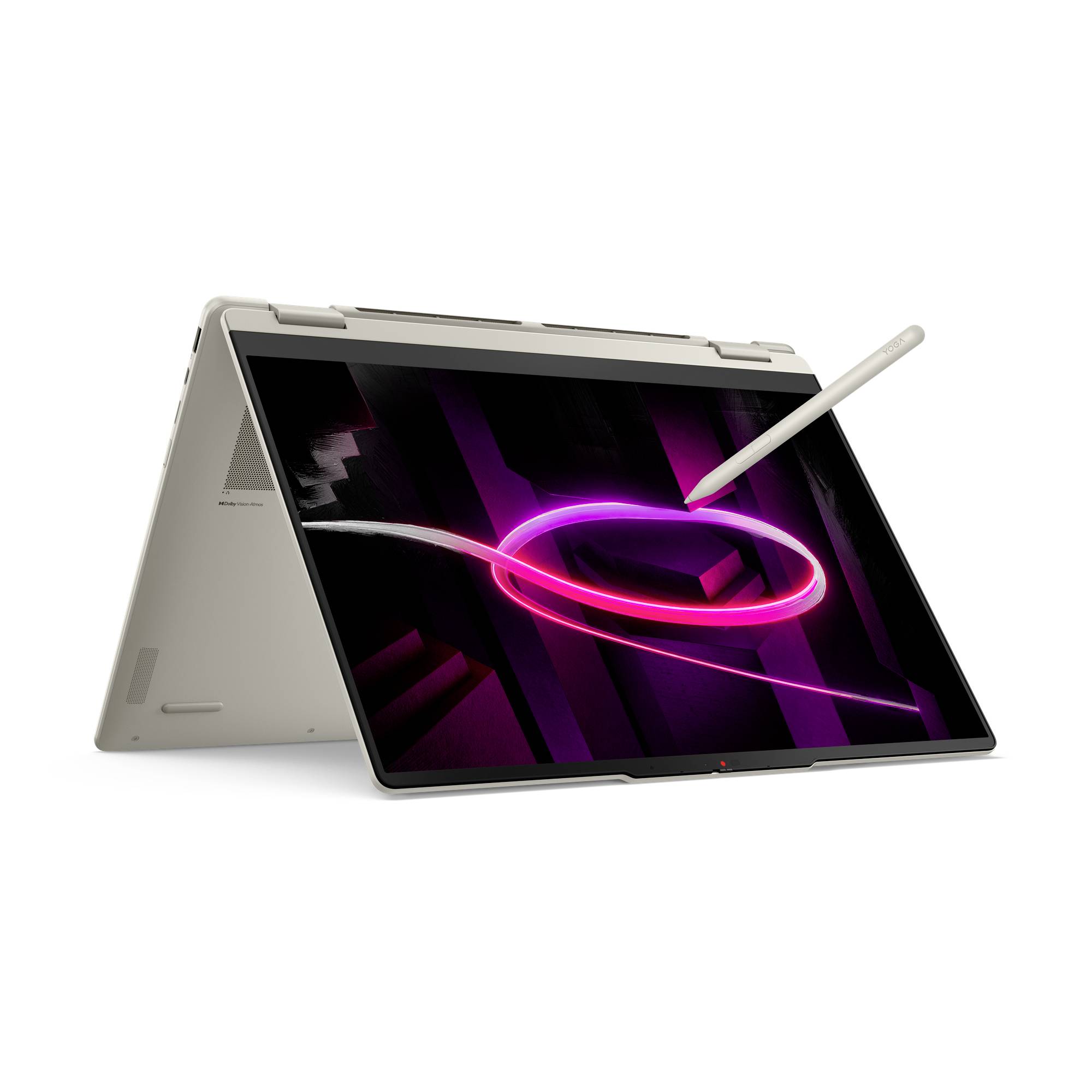 Ein 2-in-1-Laptop im Zeltmodus mit einem Stift, der über einem leuchtenden violetten abstrakten Display schwebt.