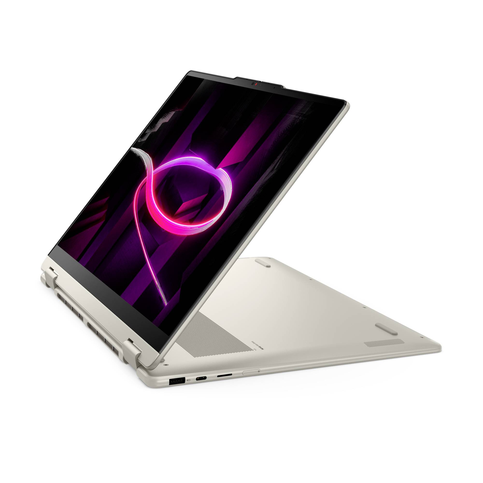 Silberner 2-in-1-Laptop/Tablet im Zeltmodus mit leuchtendem violettem abstraktem Hintergrundbild auf dem Touchscreen.